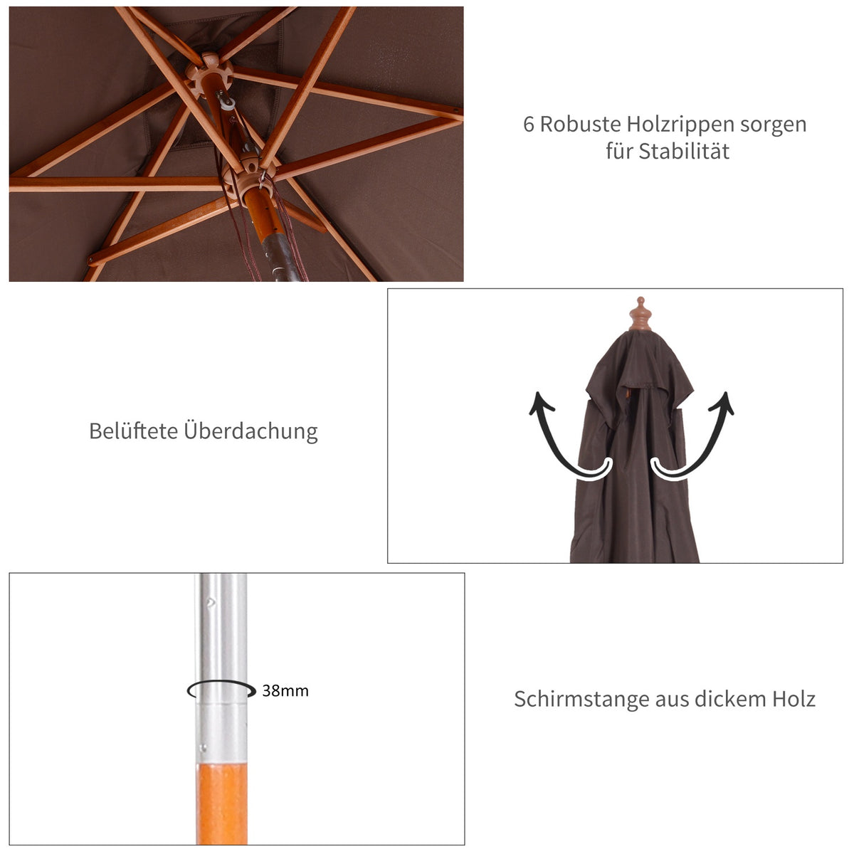 Parasol Foldable Garden Umbrella Beach Umbrella 3-Level Adjustable Fir Wood + Polyester Coffee 200 X 150 X 230 Cm
