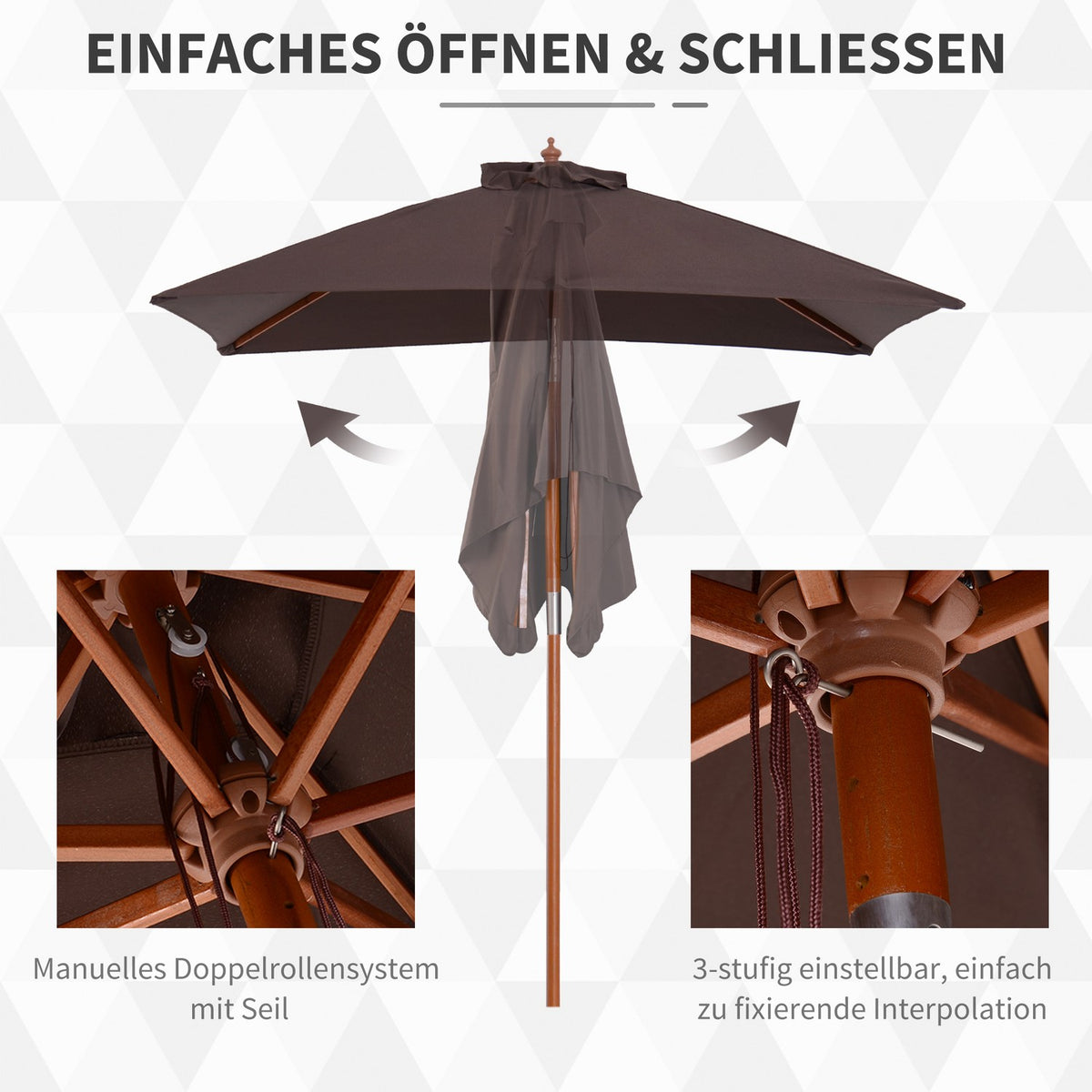 Parasol Foldable Garden Umbrella Beach Umbrella 3-Level Adjustable Fir Wood + Polyester Coffee 200 X 150 X 230 Cm