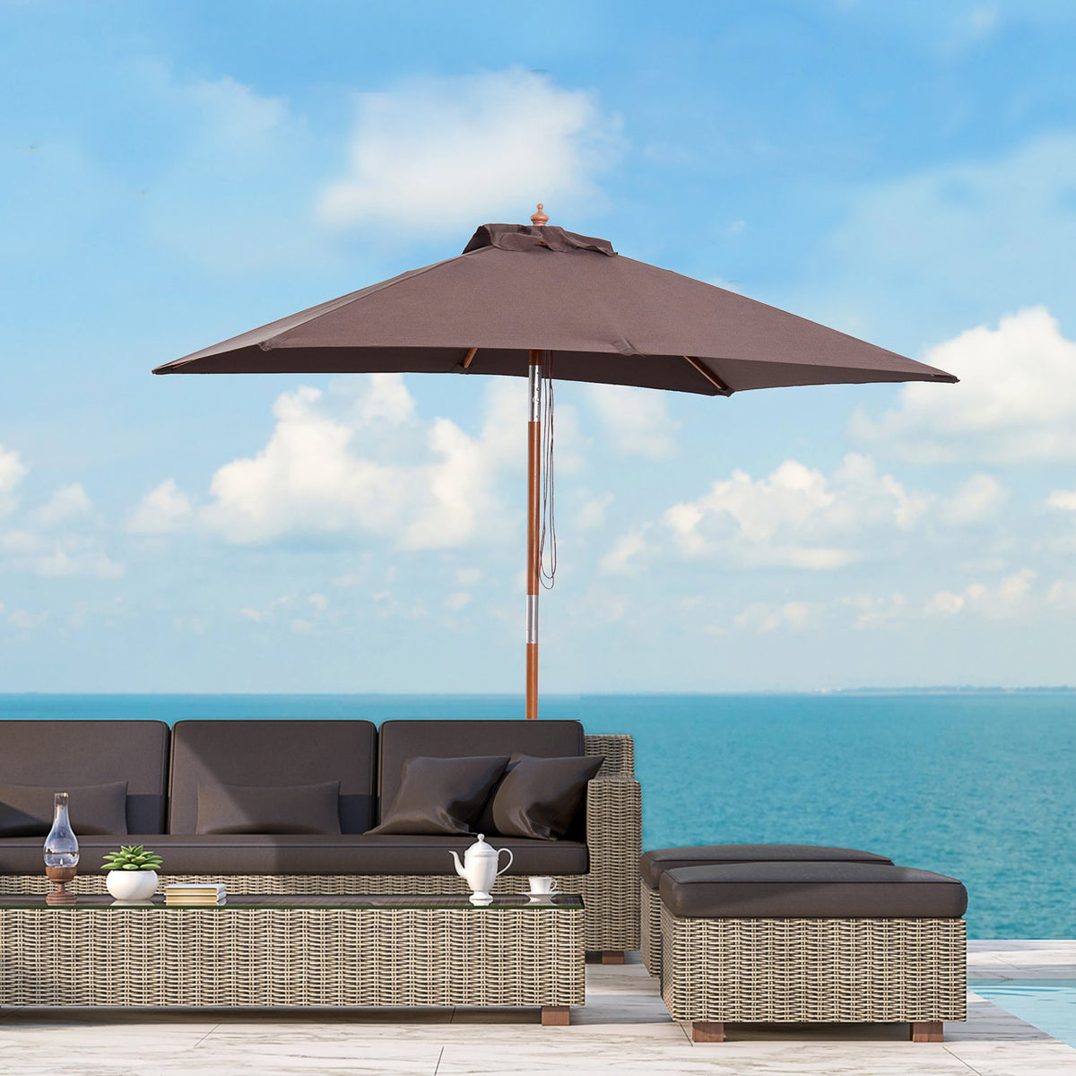 Parasol Foldable Garden Umbrella Beach Umbrella 3-Level Adjustable Fir Wood + Polyester Coffee 200 X 150 X 230 Cm