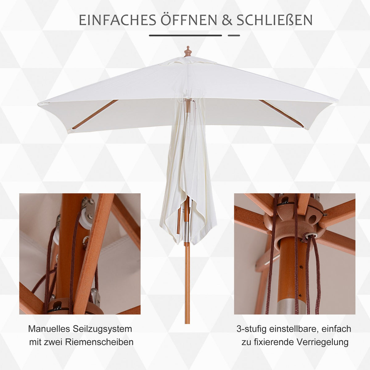 Parasol Foldable Garden Umbrella Made Of Fir Wood, Adjustable To 3 Levels, Cream White, 200X150X230Cm