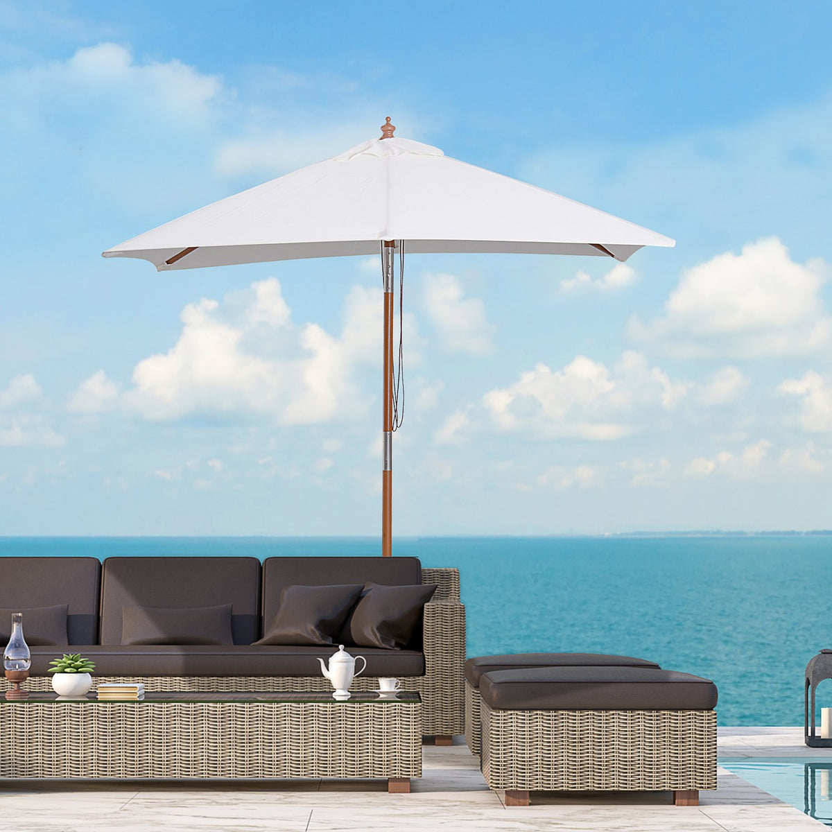 Parasol Foldable Garden Umbrella Made Of Fir Wood, Adjustable To 3 Levels, Cream White, 200X150X230Cm
