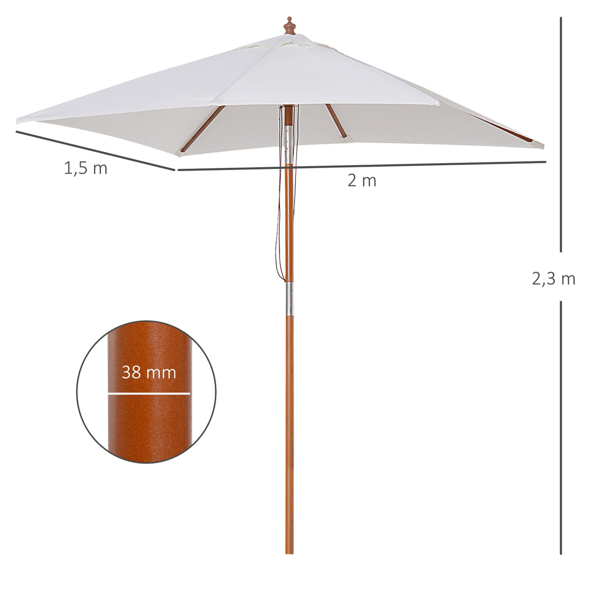 Parasol Foldable Garden Umbrella Made Of Fir Wood, Adjustable To 3 Levels, Cream White, 200X150X230Cm