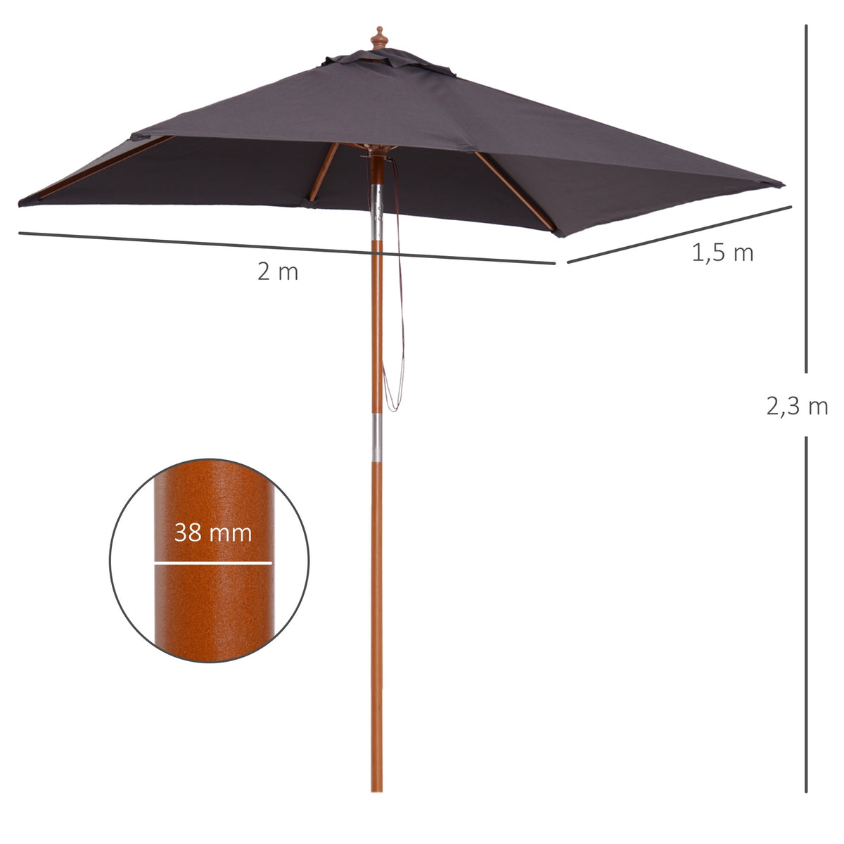 Parasol Foldable Garden Umbrella Made Of Fir Wood, Adjustable To 3 Levels, Dark Gray, 200X150X230Cm