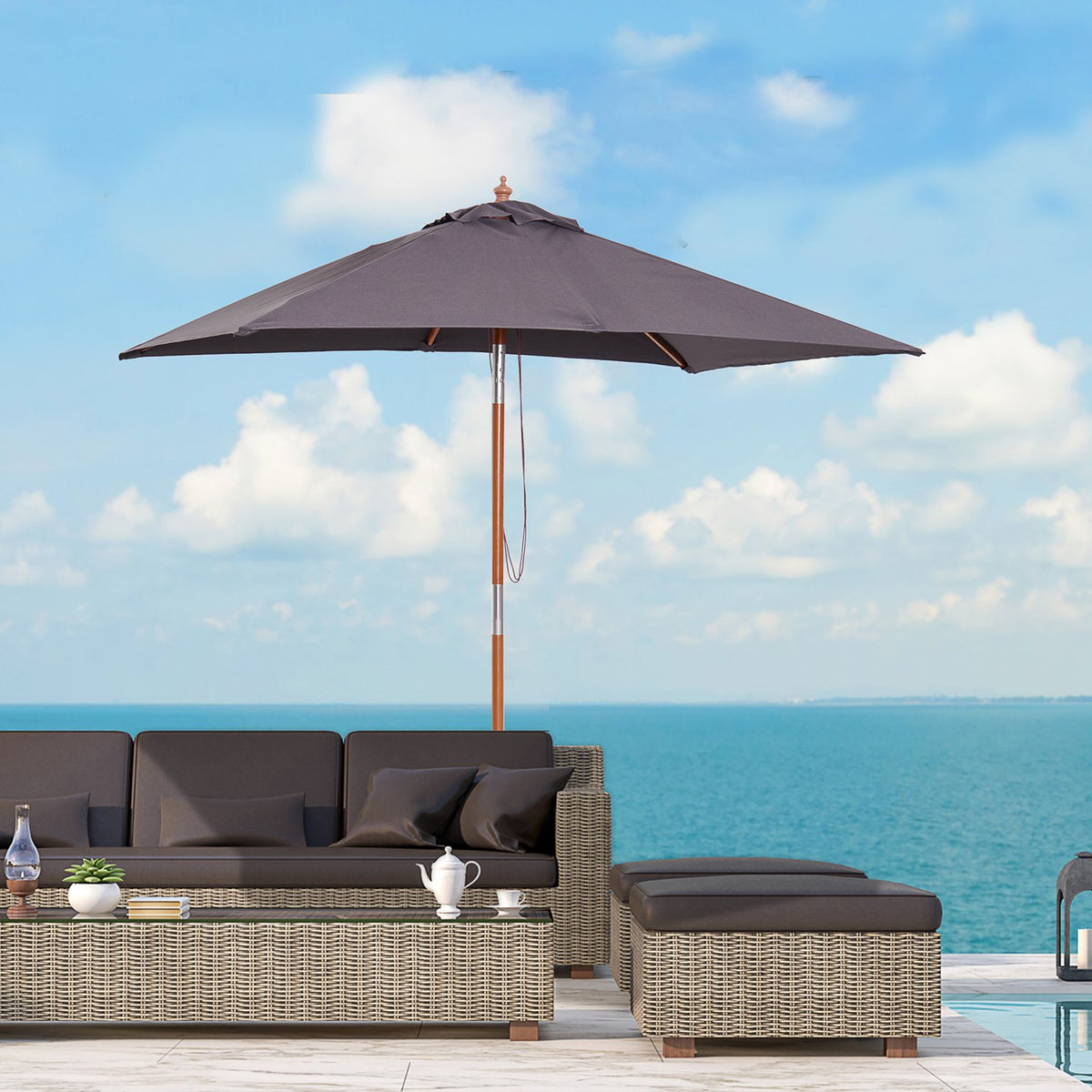 Parasol Foldable Garden Umbrella Made Of Fir Wood, Adjustable To 3 Levels, Dark Gray, 200X150X230Cm