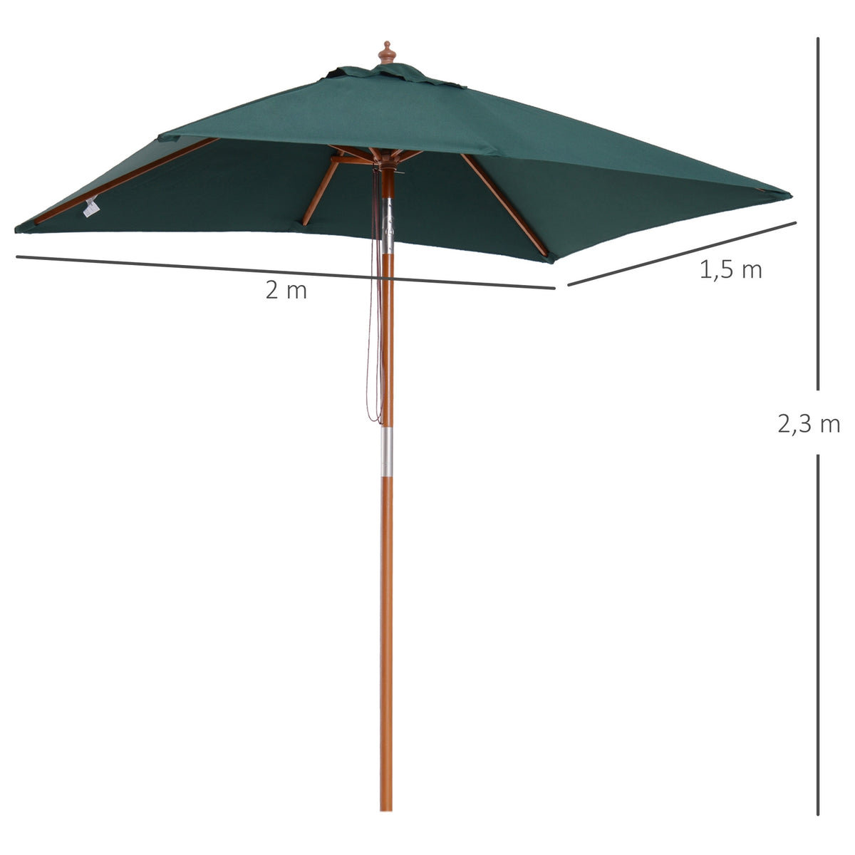Parasol Foldable Garden Umbrella Made Of Fir Wood, Adjustable To 3 Levels, Green, 200X150X230Cm