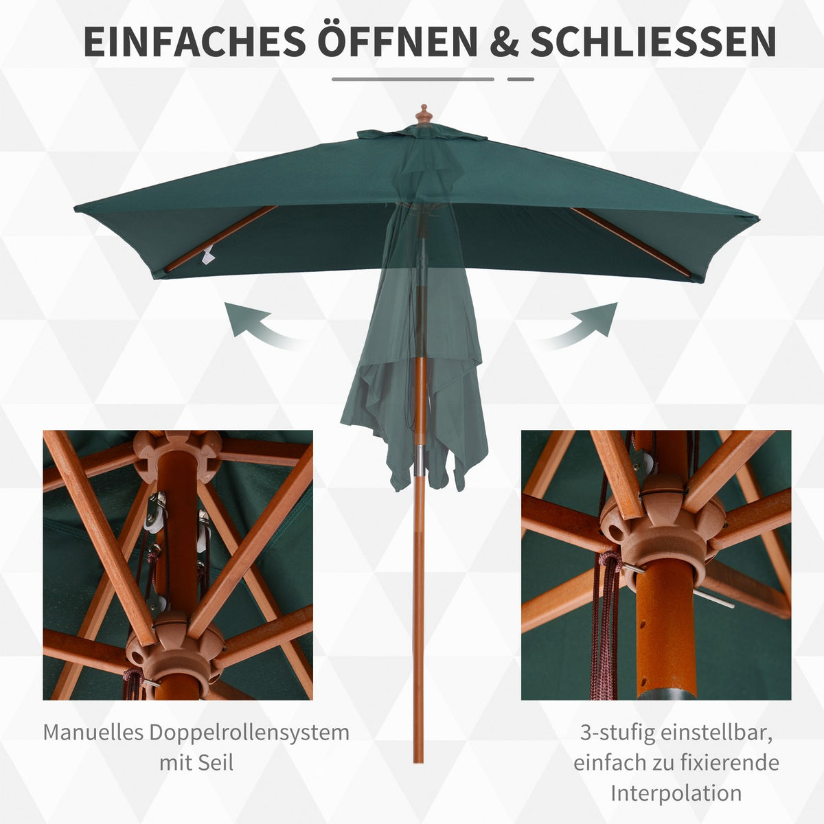 Parasol Foldable Garden Umbrella Made Of Fir Wood, Adjustable To 3 Levels, Green, 200X150X230Cm