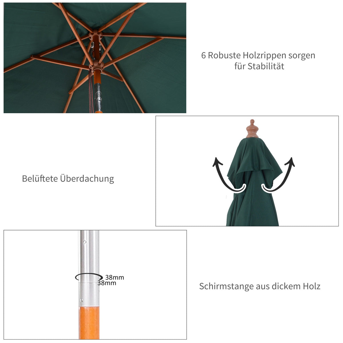 Parasol Foldable Garden Umbrella Made Of Fir Wood, Adjustable To 3 Levels, Green, 200X150X230Cm