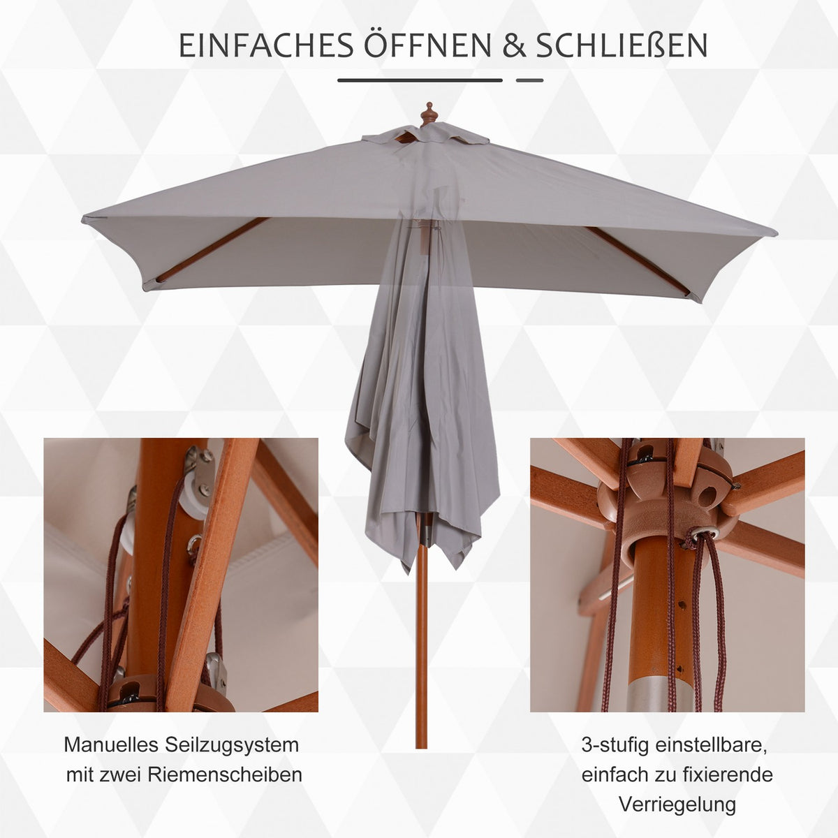 Parasol Foldable Garden Umbrella Made Of Fir Wood, Adjustable To 3 Levels, Grey, 200X150X230Cm