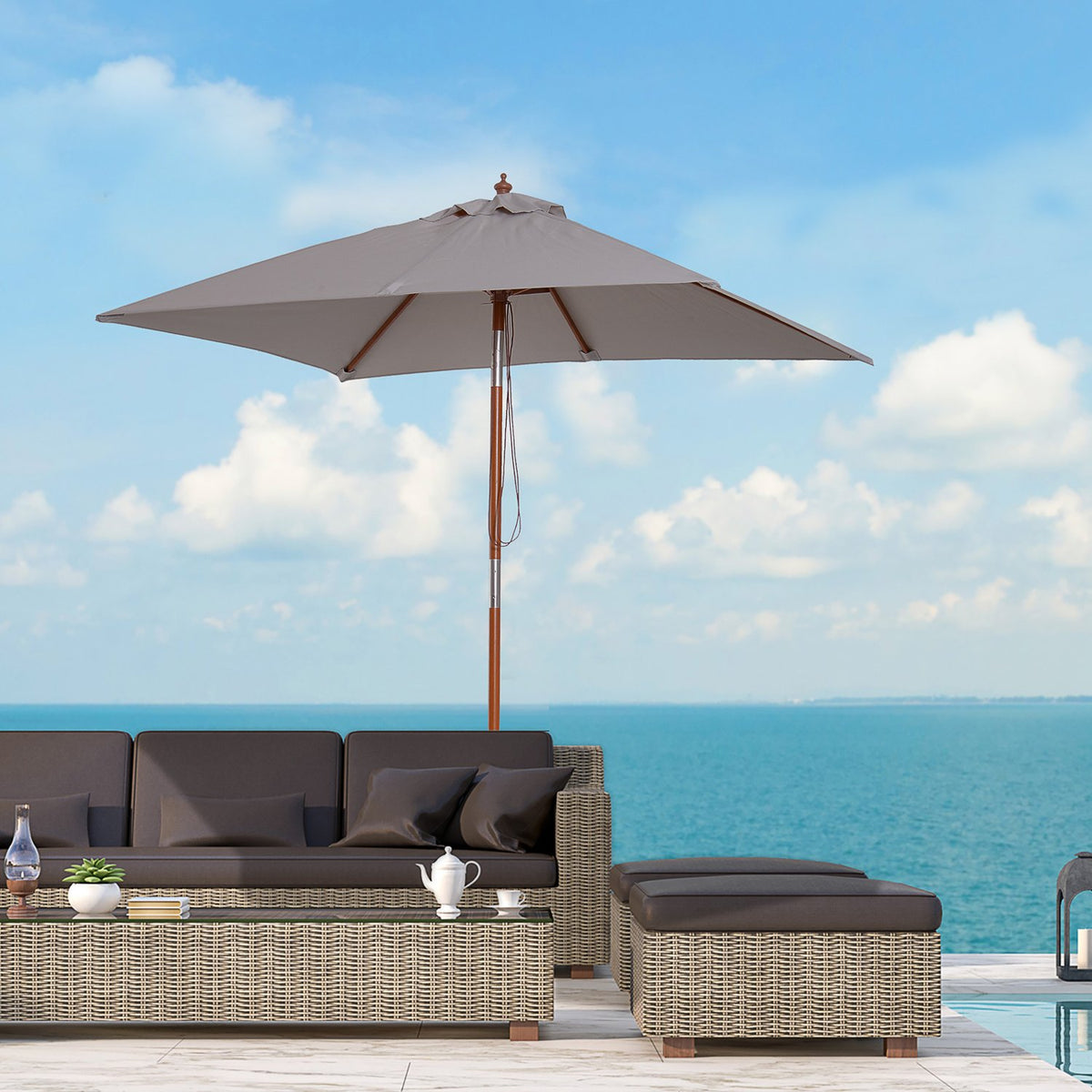 Parasol Foldable Garden Umbrella Made Of Fir Wood, Adjustable To 3 Levels, Grey, 200X150X230Cm