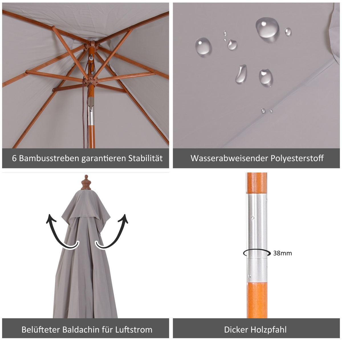 Parasol Foldable Garden Umbrella Made Of Fir Wood, Adjustable To 3 Levels, Grey, 200X150X230Cm