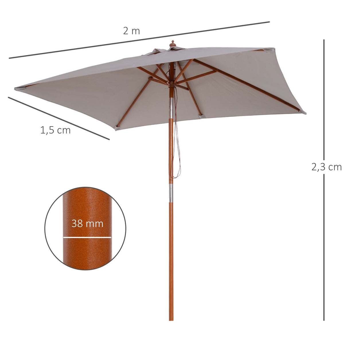 Parasol Foldable Garden Umbrella Made Of Fir Wood, Adjustable To 3 Levels, Grey, 200X150X230Cm