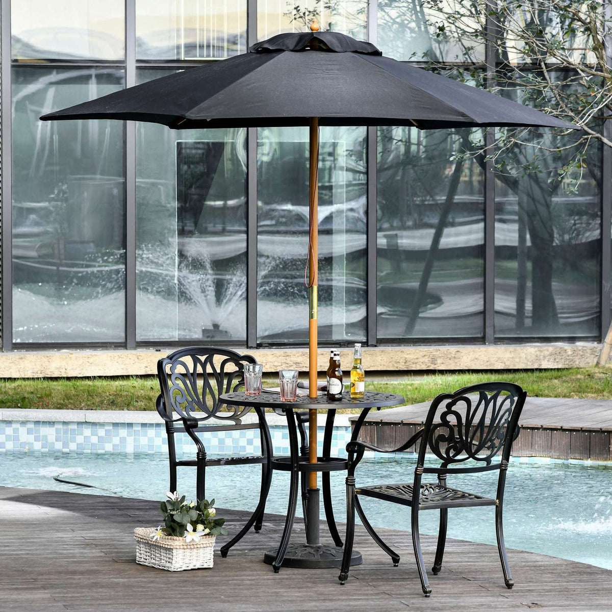 Parasol Garden Umbrella 3-Tier, Sun Protection, Bamboo & 180/㎡ Polyester, Black, Ø2.5X2.3M