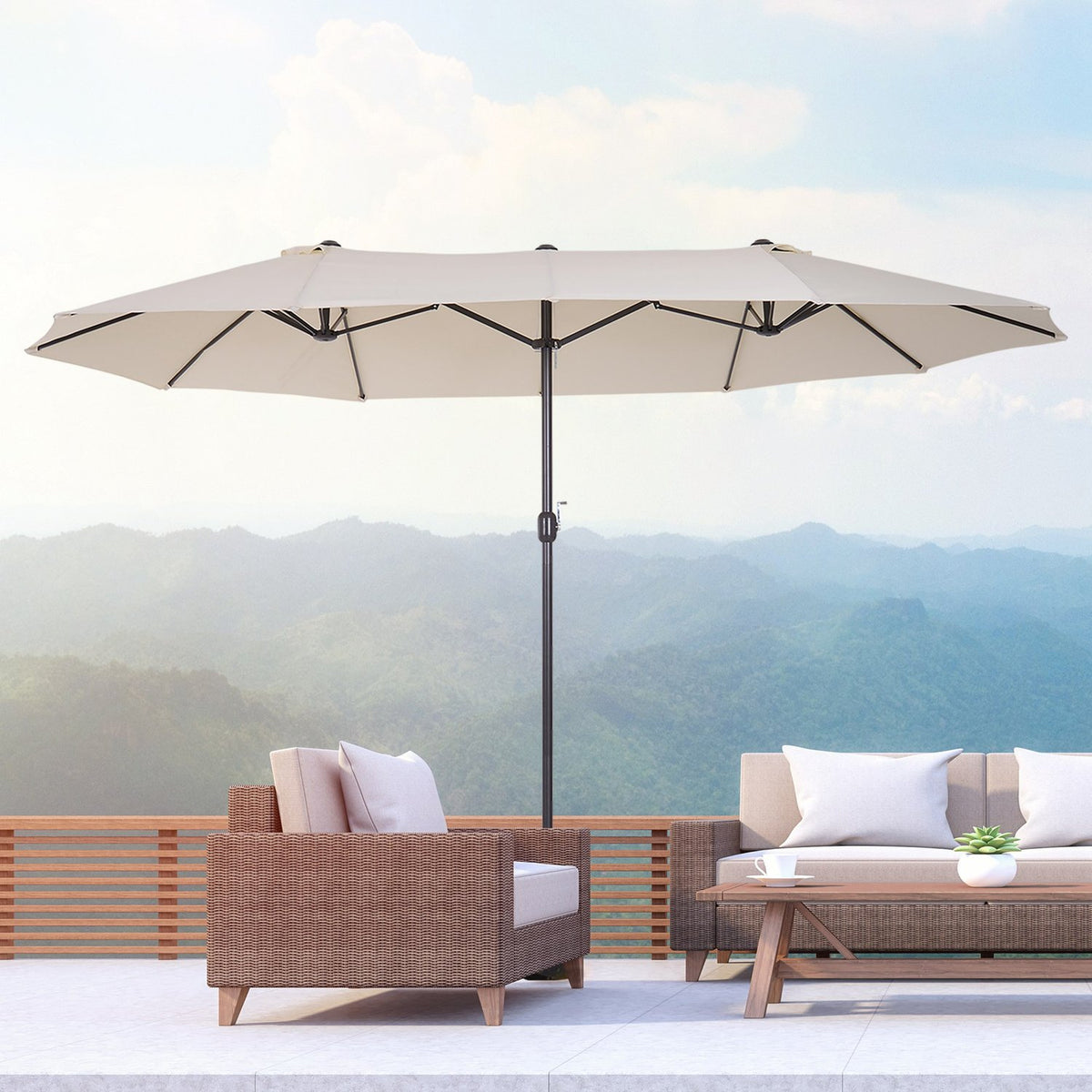 Parasol Garden Umbrella Market Umbrella Double Parasol Patio Umbrella With Hand Crank Beige Oval 455 X 270 X 240 Cm