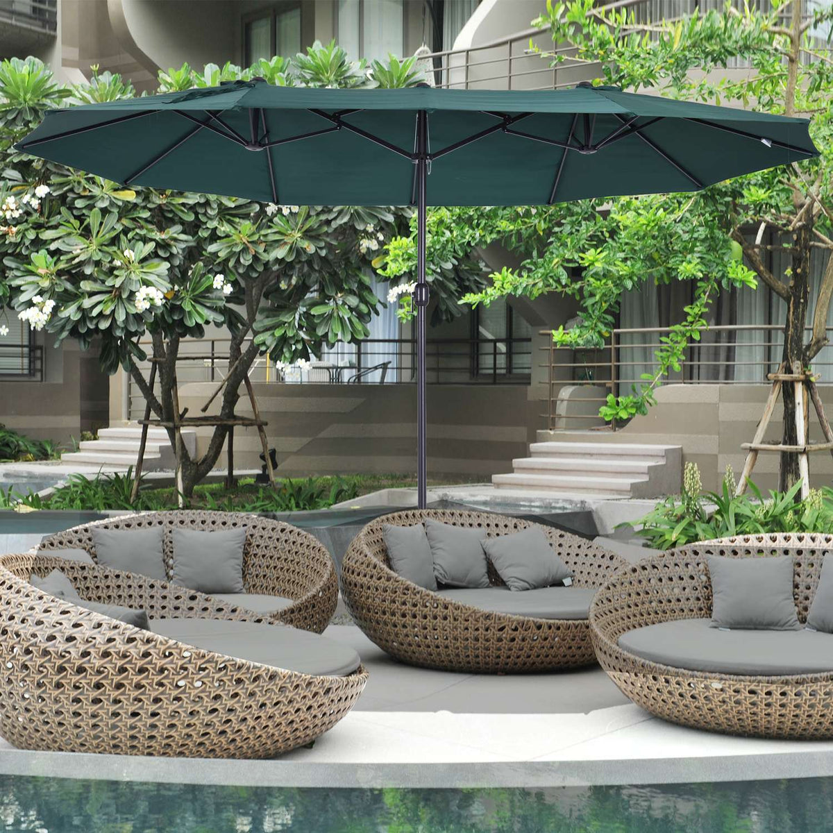 Parasol Garden Umbrella Market Umbrella Double Parasol Patio Umbrella With Umbrella Stand Hand Crank Dark Green Oval 460 X 270 X 240 Cm