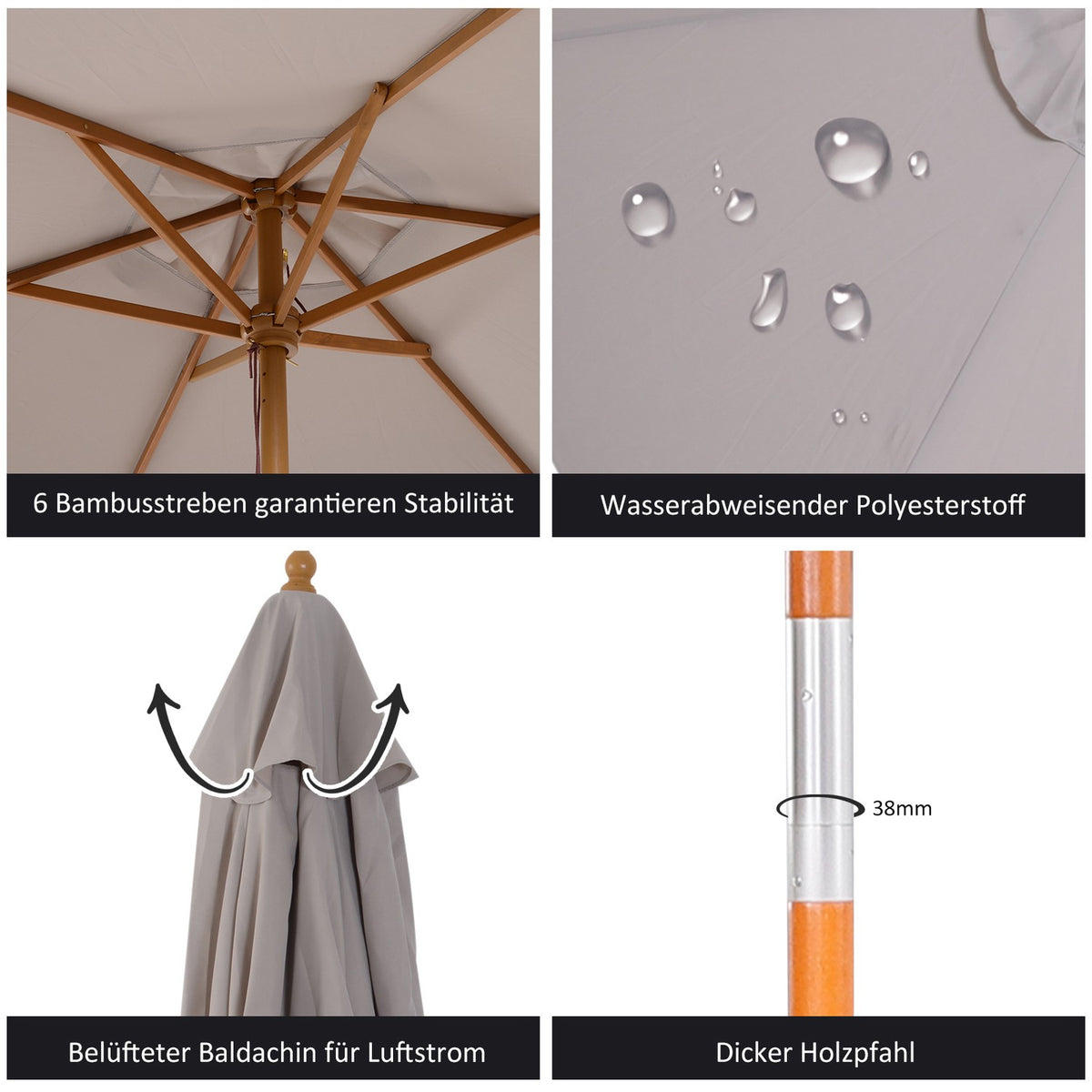 Parasol Garden Umbrella With 3-Tier Sun Protection, Bamboo & 180/㎡ Polyester, Gray, Ø2.5 X 2.3 M