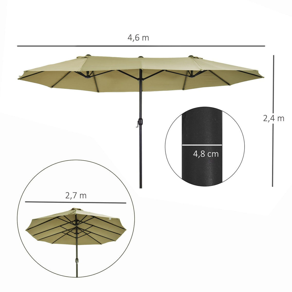 Parasol Market Umbrella Double Parasol With Hand Crank Light Coffee Oval 460 X 270 X 240 Cm
