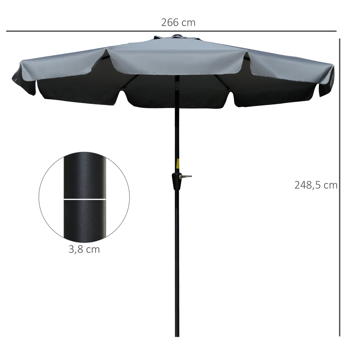 Parasol Patio Umbrella With Uv Protection 50+, Ø2.66M, 8 Ribs, Adjustable, Dark Grey