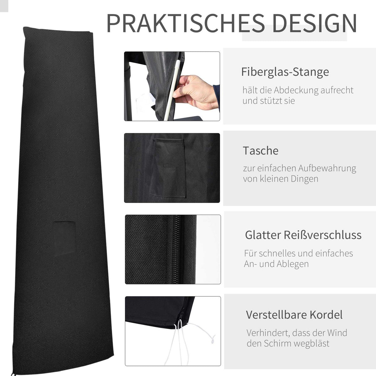 Parasol Protective Cover For Parasols Up To Ø400 Cm Cover Umbrella Protection Hood With Zip, Pocket Rod Oxford Fabric Black