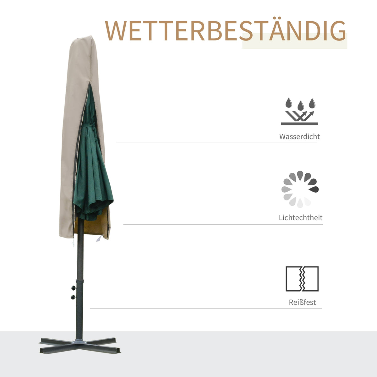 Parasol Protective Cover, Weatherproof, Windproof, Rope Closure, Easy To Clean, Outdoor For Cantilever Umbrella, Diameter 63 X 164 Cm, Khaki
