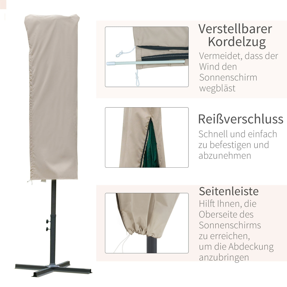 Parasol Protective Cover, Weatherproof, Windproof, Rope Closure, Easy To Clean, Outdoor For Cantilever Umbrella, Diameter 63 X 164 Cm, Khaki
