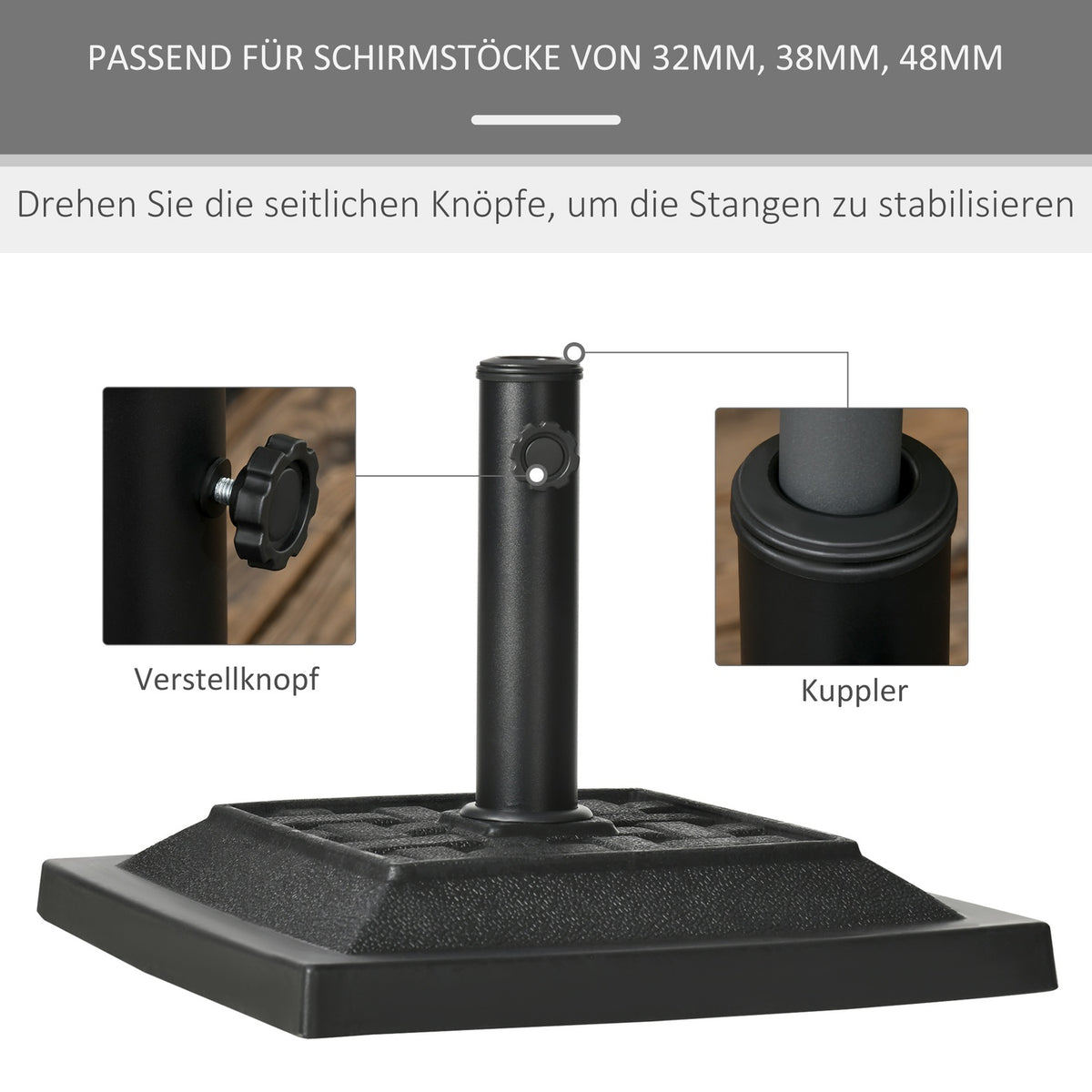 Parasol Stand 12 Kg Umbrella Base For Ø32/38/48 Mm Poles, Umbrella Stand For Garden, Balcony, Resin, Black 44 X 44 X 33 Cm