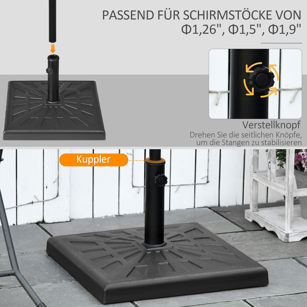 Parasol Stand 19 Kg Parasol Base, Umbrella Stand For Umbrella Poles Ø 32/38/48 Mm, Synthetic Resin, Black, 51 X 51 X 32 Cm