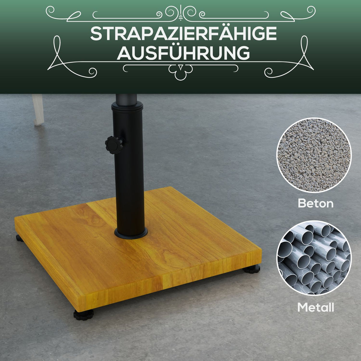 Parasol Stand 25 Kg Parasol Base With Adjustable Foot Pads, With Wood Look For Pole Diameter Ø34/38/48 Mm, Cement, Yellow