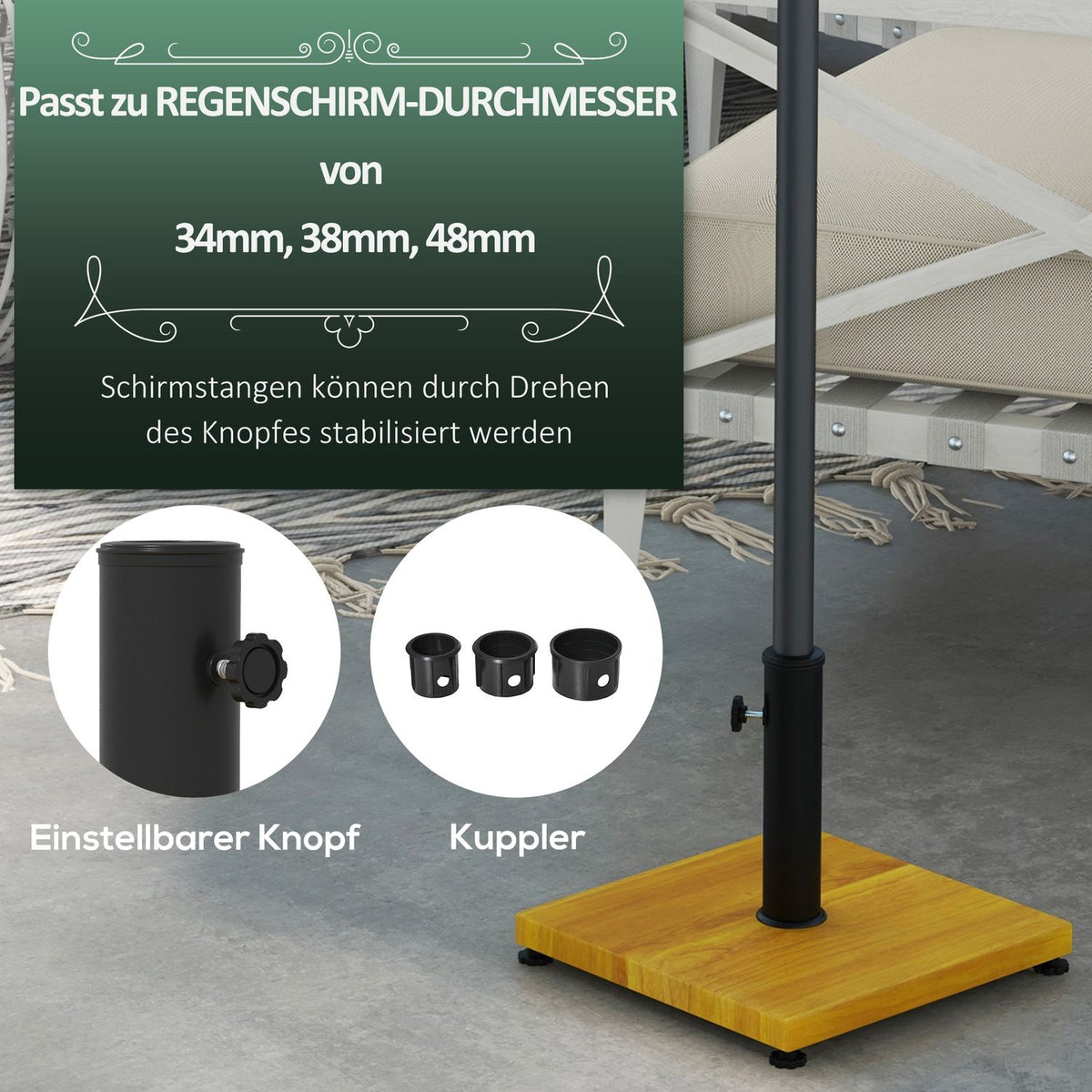 Parasol Stand 25 Kg Parasol Base With Adjustable Foot Pads, With Wood Look For Pole Diameter Ø34/38/48 Mm, Cement, Yellow