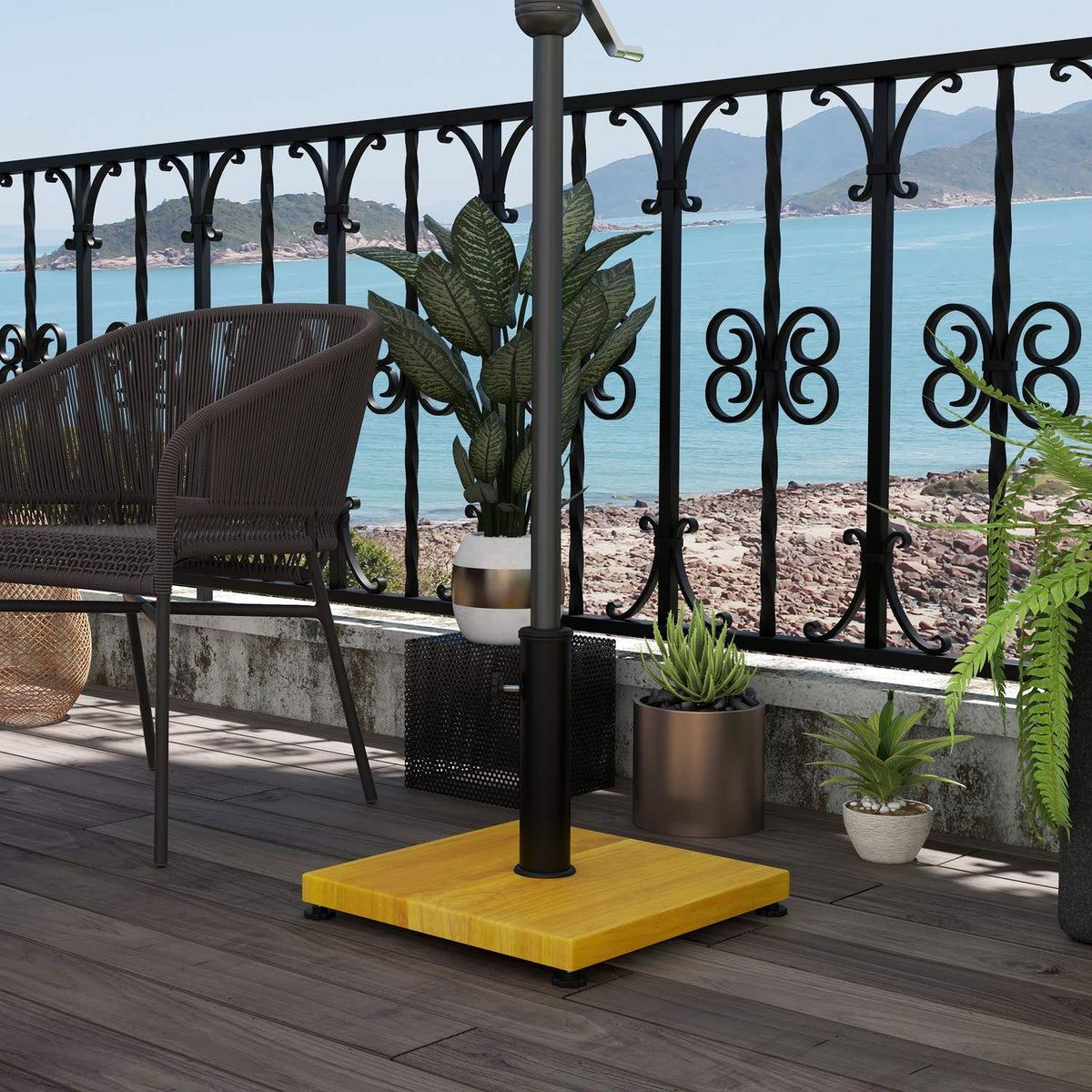 Parasol Stand 25 Kg Parasol Base With Adjustable Foot Pads, With Wood Look For Pole Diameter Ø34/38/48 Mm, Cement, Yellow