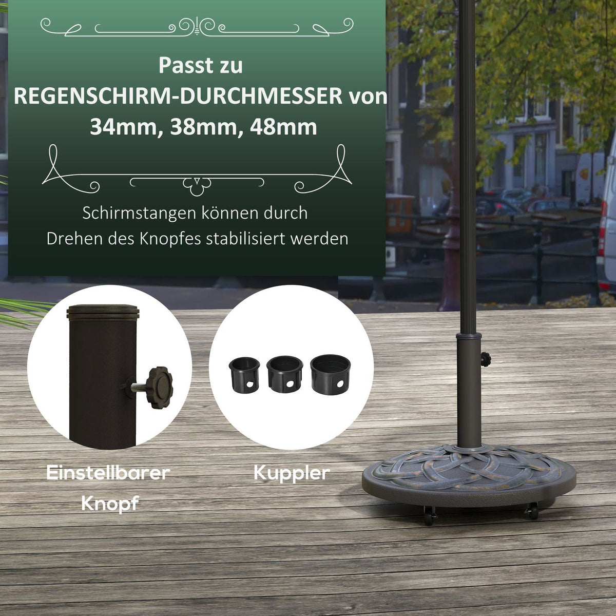 Parasol Stand 25 Kg Parasol Holder With Wheels, Adjustable Button, Umbrella Stand For Ø 32/38/48 Mm Pole, Cement Filling, Bronze