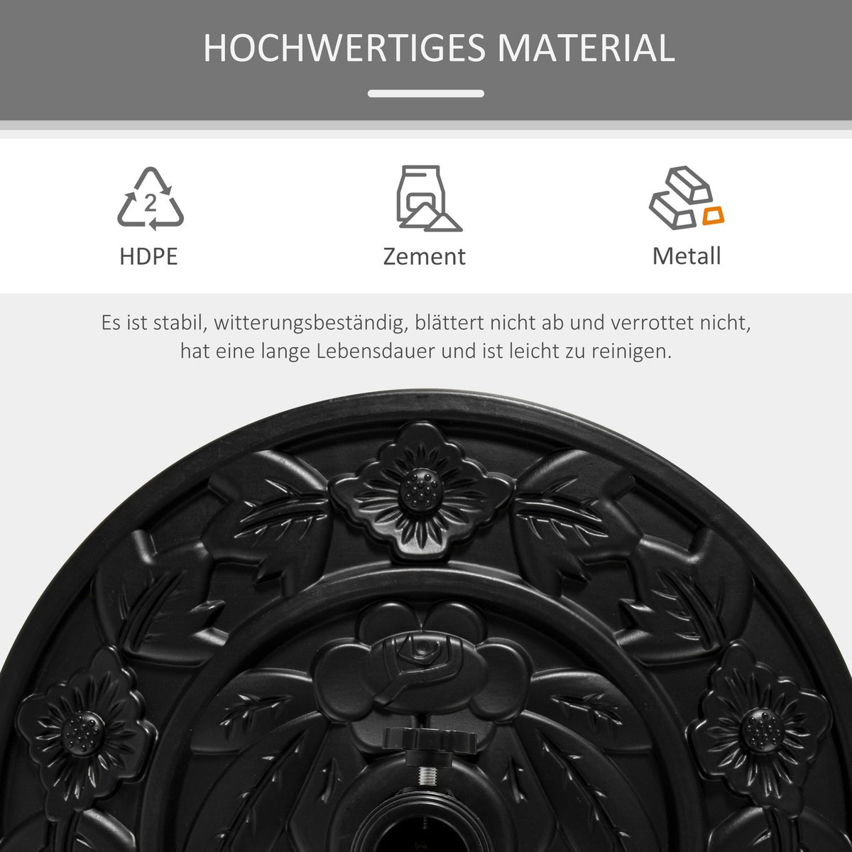 Parasol Stand 9Kg Garden Umbrella Base With Flower Design For Ø35/38/48Mm Umbrella Poles, Hdpe, Half Round Umbrellas, Black