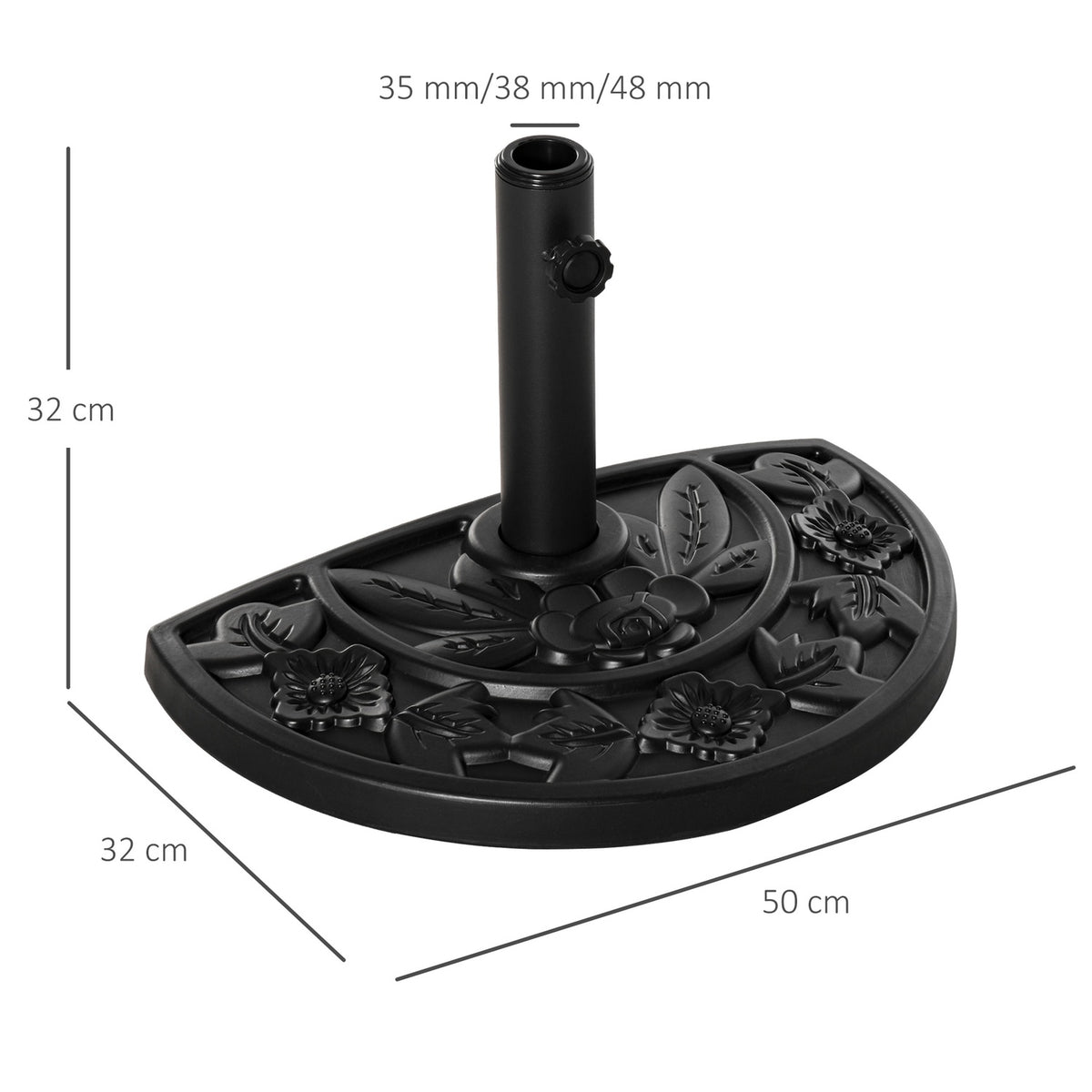 Parasol Stand 9Kg Garden Umbrella Base With Flower Design For Ø35/38/48Mm Umbrella Poles, Hdpe, Half Round Umbrellas, Black