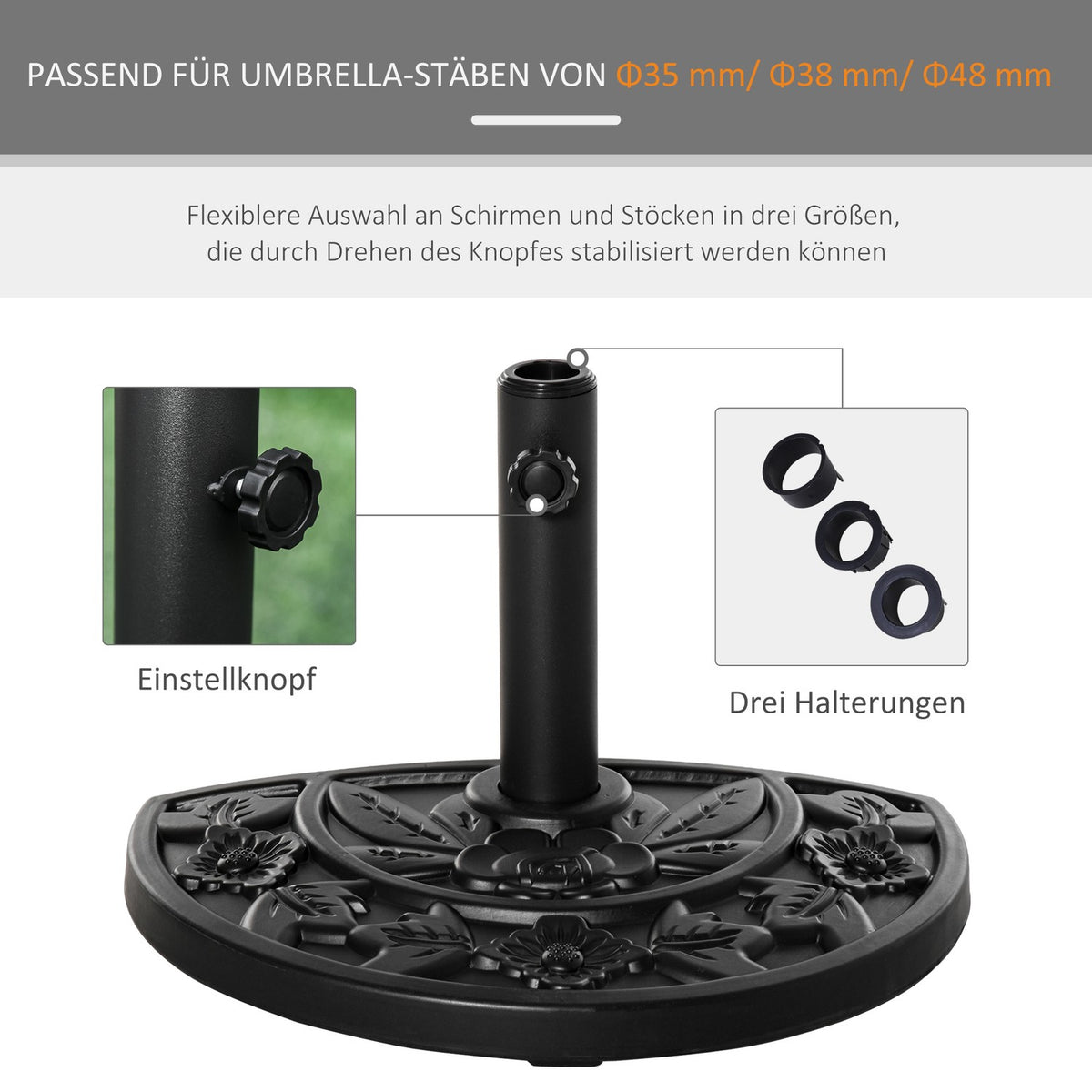 Parasol Stand 9Kg Garden Umbrella Base With Flower Design For Ø35/38/48Mm Umbrella Poles, Hdpe, Half Round Umbrellas, Black