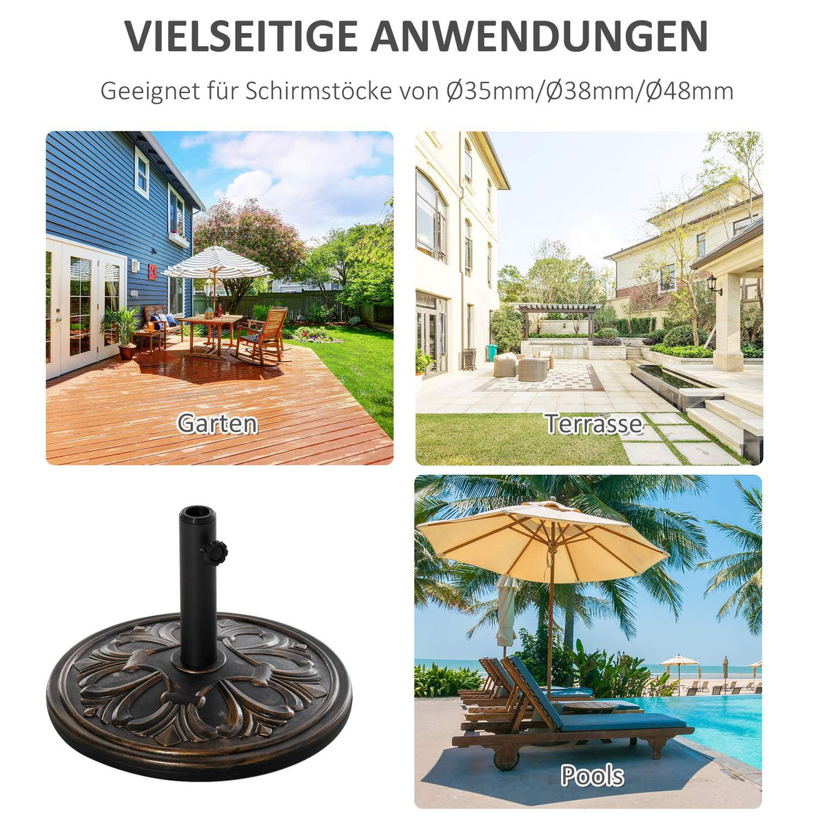 Parasol Stand Umbrella Stand Umbrella Holder Umbrella Base 13 Kg Stand Umbrella Ø35/Ø38/Ø48Mm Plastic + Cement Antique Bronze Ø48 X 34 Cm