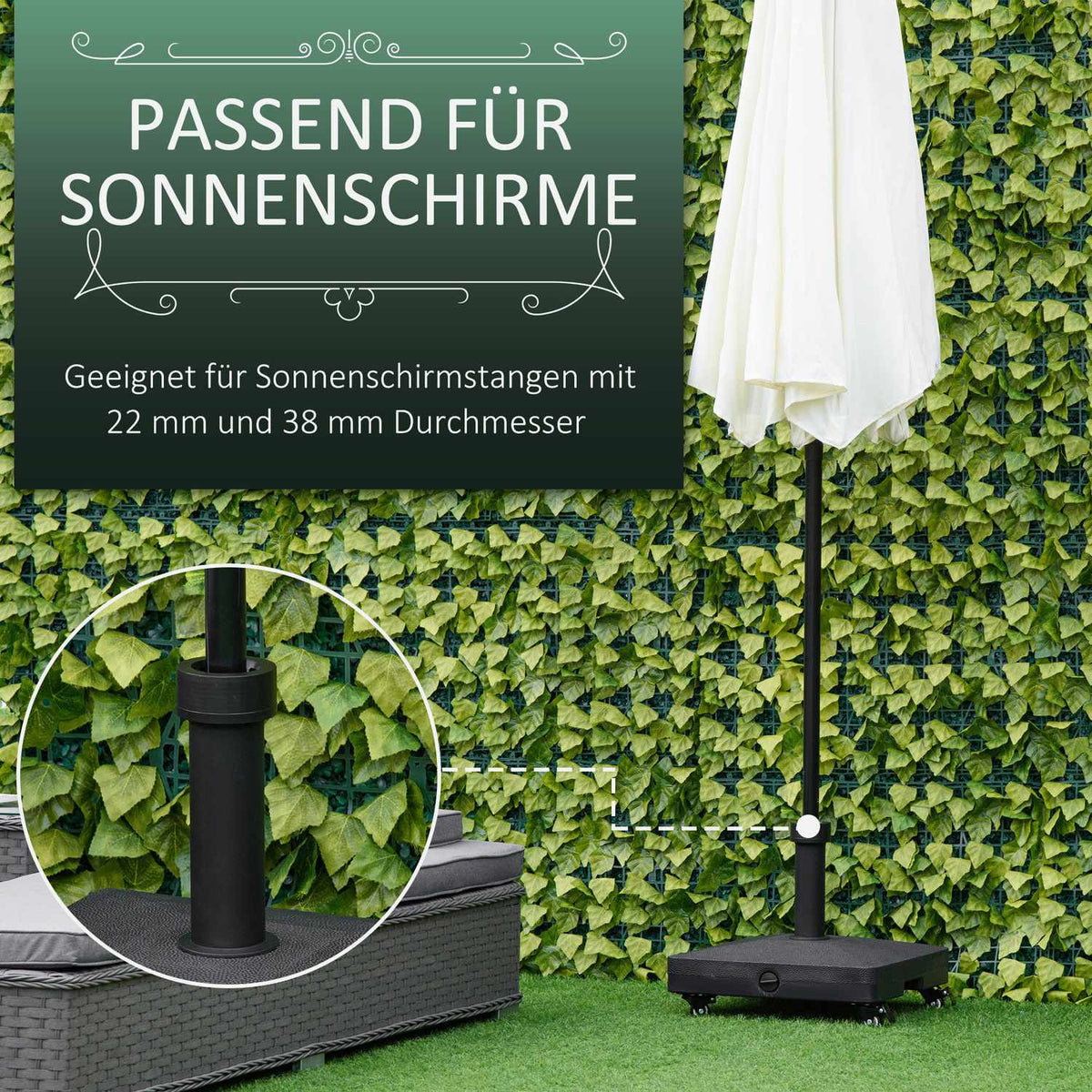 Parasol Stand With Roller, Can Be Filled Up To 20 Kg, For Umbrella Poles 38/48 Mm, For Garden, Terrace, Balcony, Black, 45 X 45 Cm