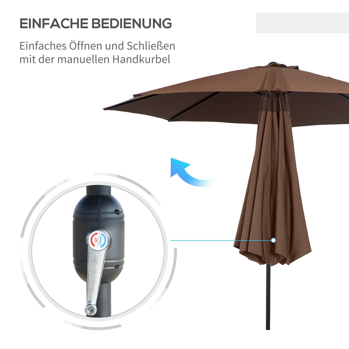 Parasol With Hand Crank Ø2.95 X 2.5 M Folding Umbrella, Market Umbrella, Brown, 180/M² Polyester, Stable