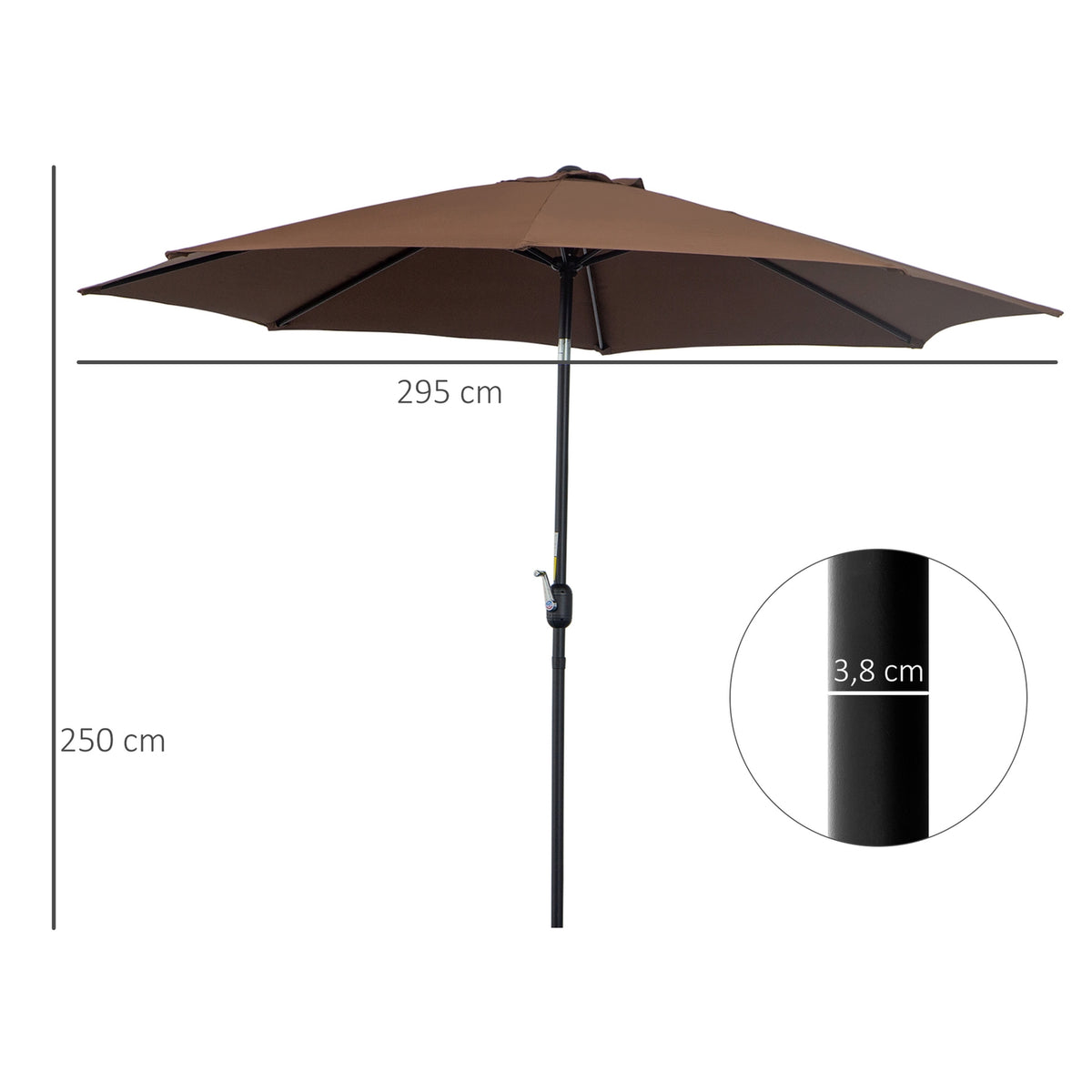 Parasol With Hand Crank Ø2.95 X 2.5 M Folding Umbrella, Market Umbrella, Brown, 180/M² Polyester, Stable