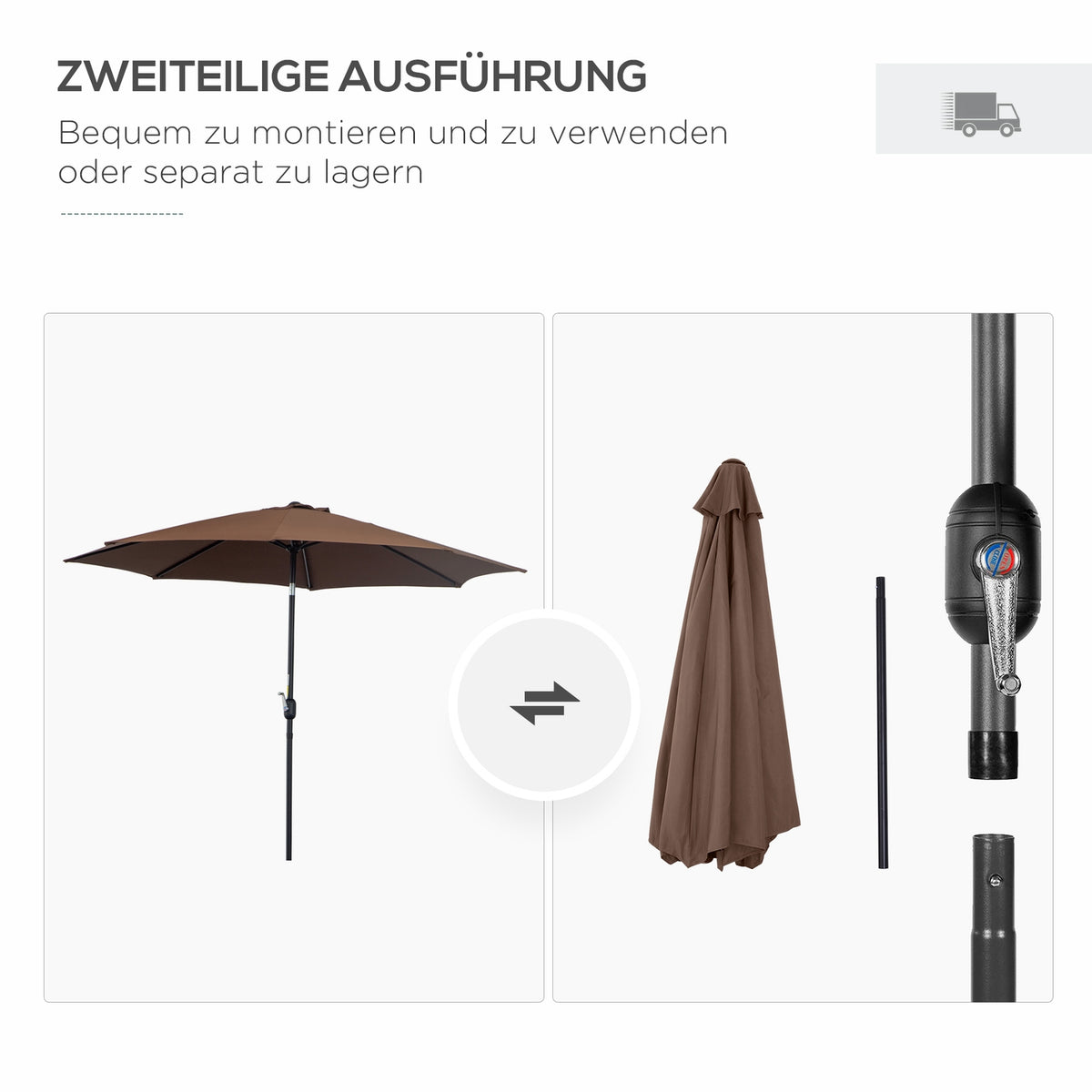 Parasol With Hand Crank Ø2.95 X 2.5 M Folding Umbrella, Market Umbrella, Brown, 180/M² Polyester, Stable