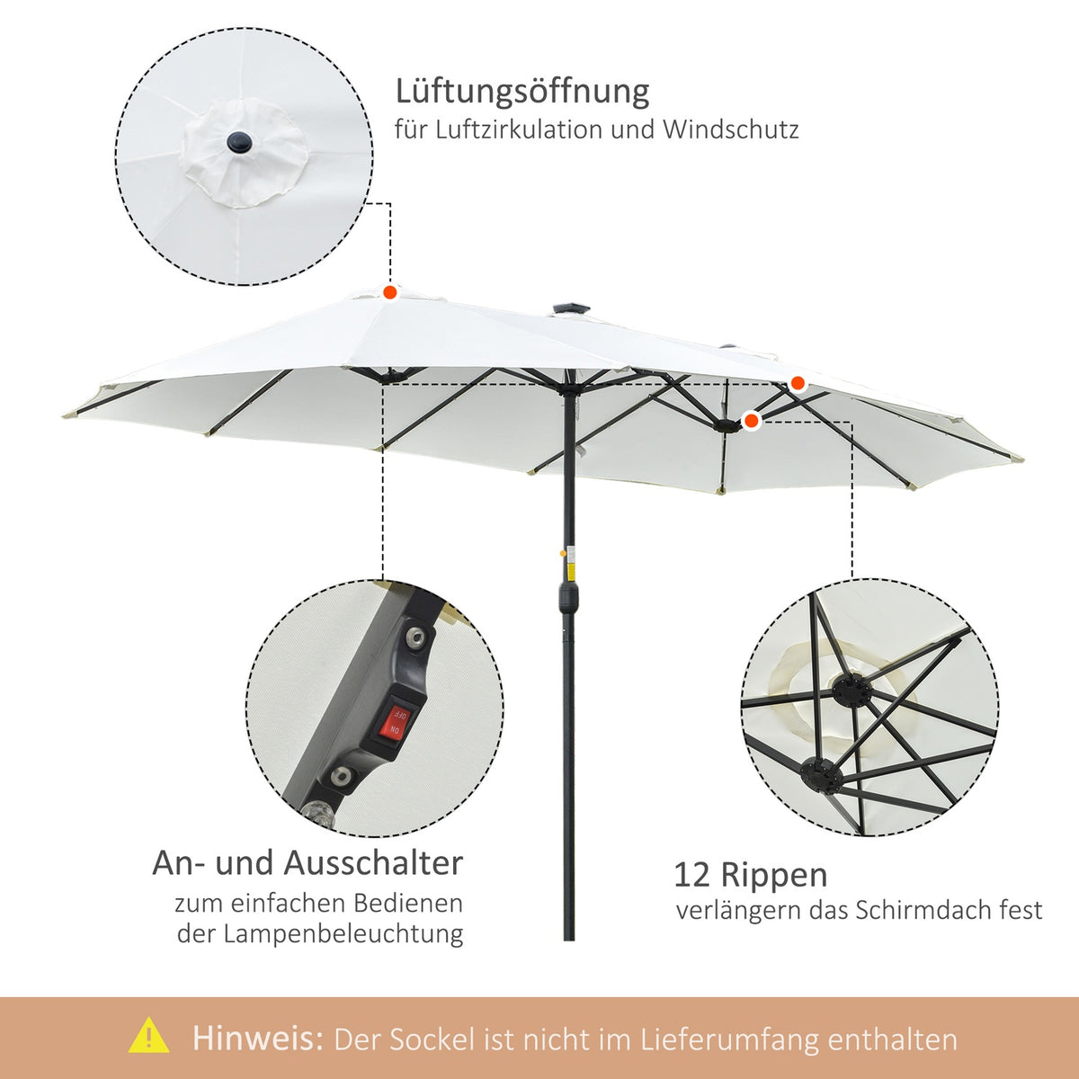 Parasol With Led Solar 4.5 M Double Parasol Garden Umbrella Market Umbrella Patio Umbrella Oval Black + Cream White