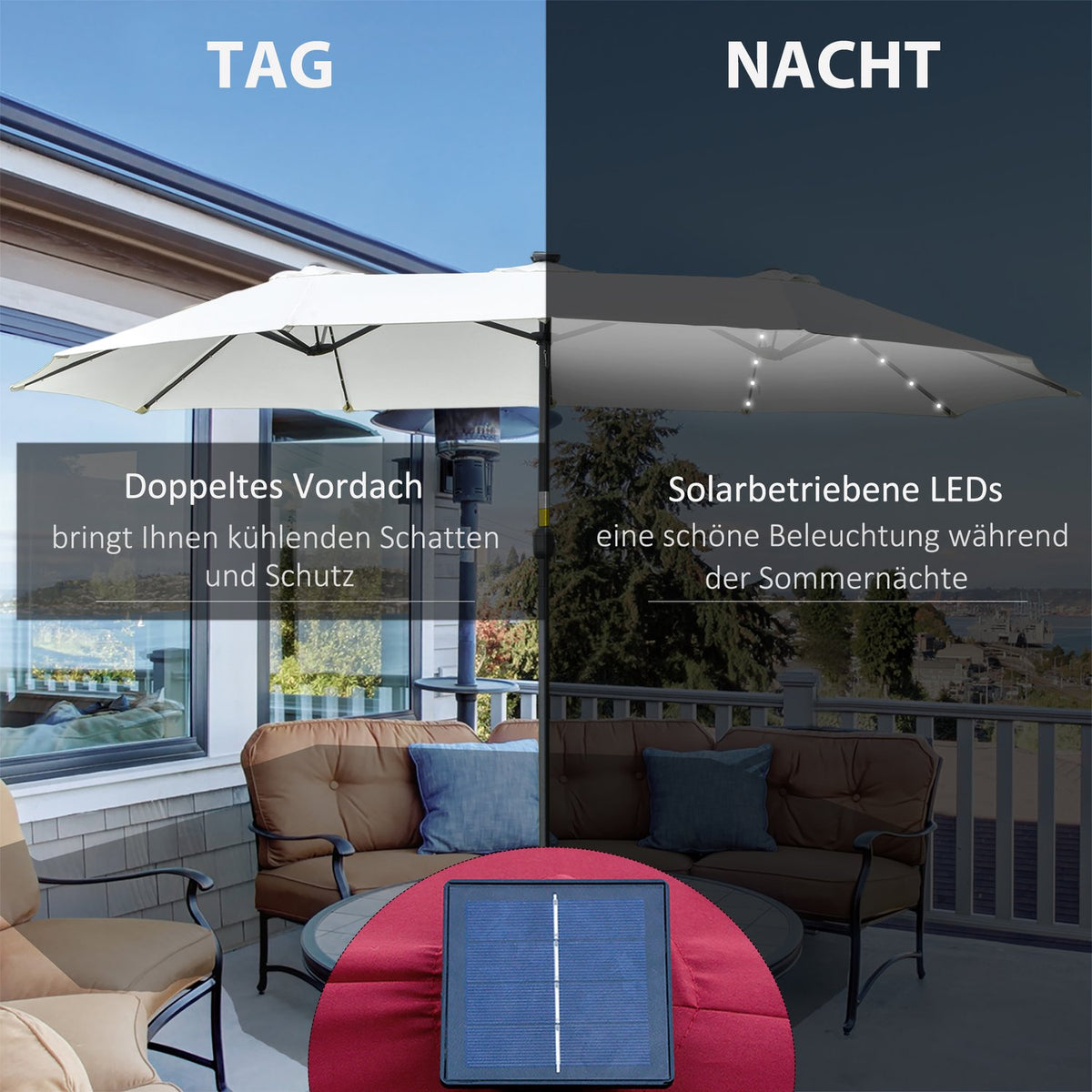 Parasol With Led Solar 4.5 M Double Parasol Garden Umbrella Market Umbrella Patio Umbrella Oval Black + Cream White