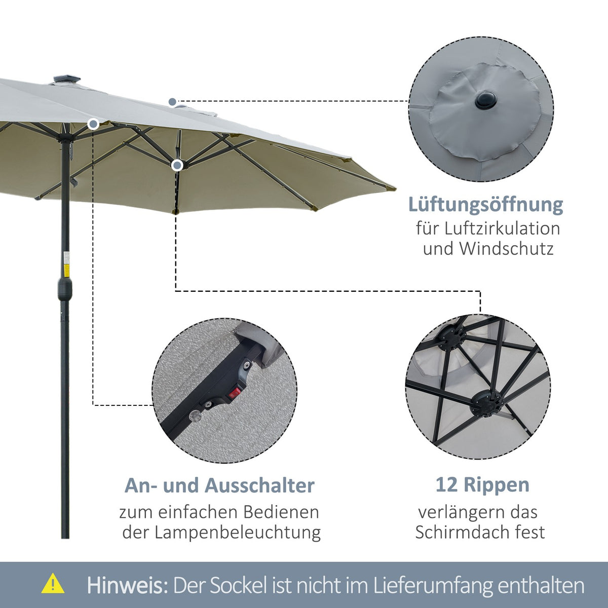 Parasol With Led Solar 4.5 M Double Parasol Garden Umbrella Market Umbrella Patio Umbrella Oval Light Gray + Black
