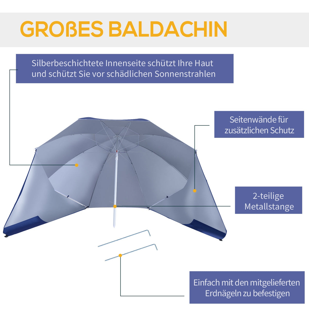 Parasol With Wind Protection 2 In 1 Beach Umbrella & Beach Shelter, Blue, Φ210Xh222Cm