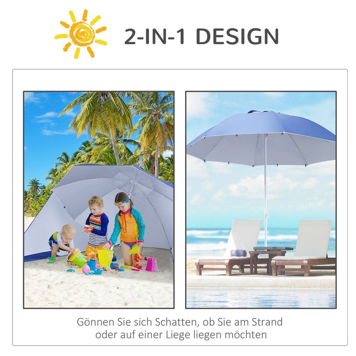 Parasol With Wind Protection 2 In 1 Beach Umbrella & Beach Shelter, Blue, Φ210Xh222Cm