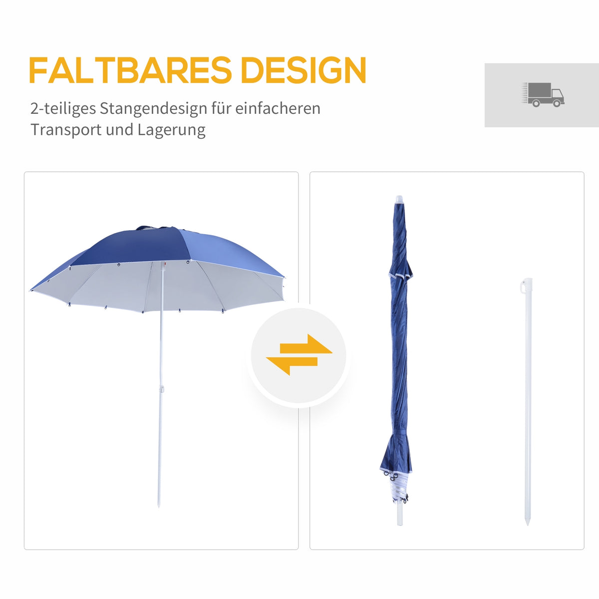 Parasol With Wind Protection 2 In 1 Beach Umbrella & Beach Shelter, Blue, Φ210Xh222Cm
