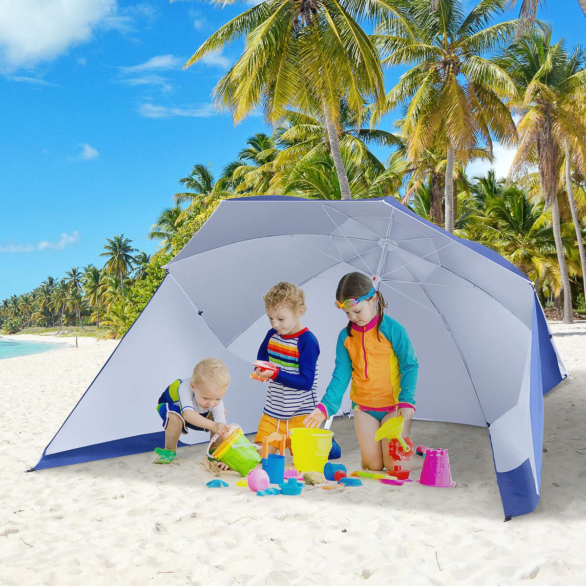 Parasol With Wind Protection 2 In 1 Beach Umbrella & Beach Shelter, Blue, Φ210Xh222Cm