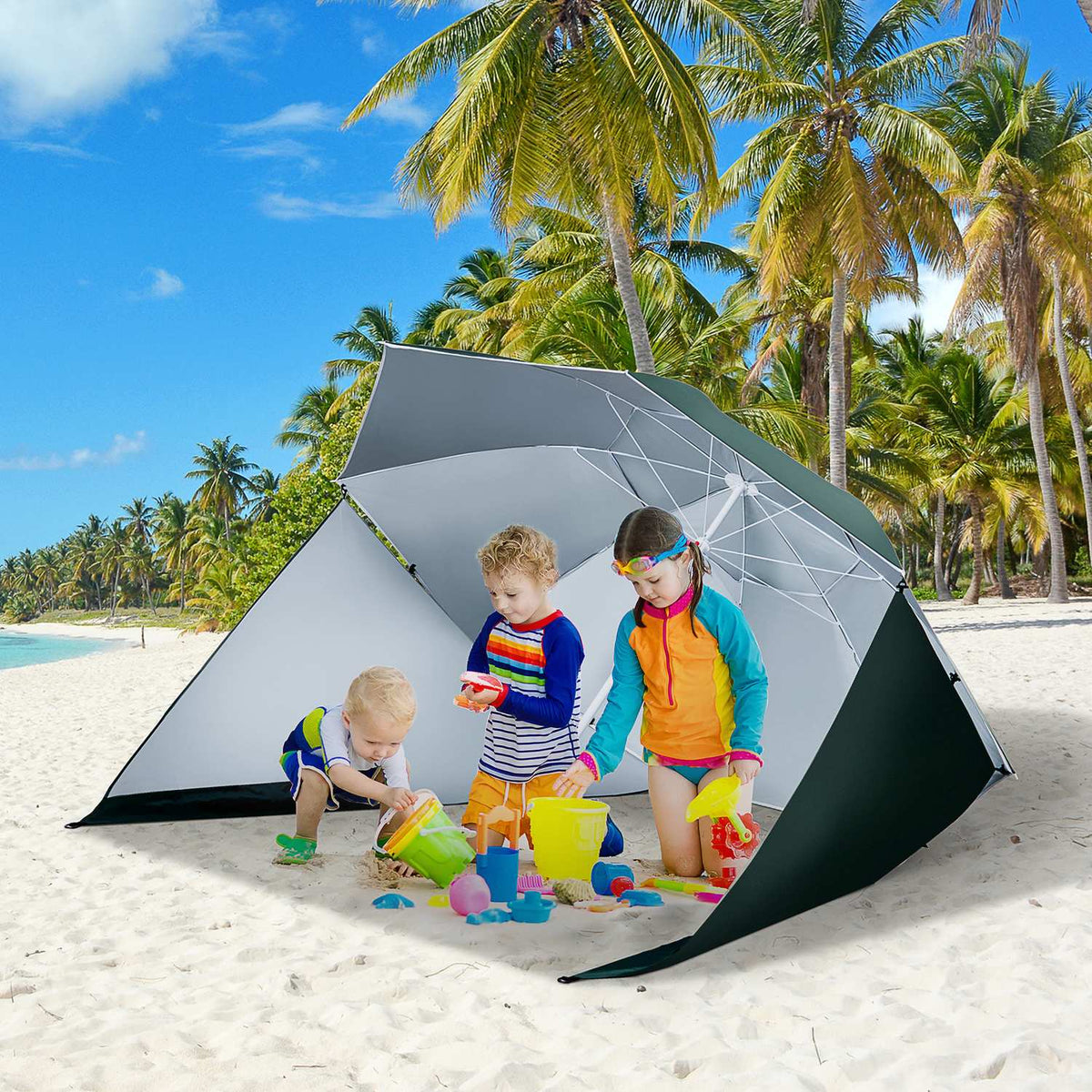 Parasol With Wind Protection 2 In 1 Beach Umbrella & Beach Shelter, Dark Green, Φ210Xh222Cm