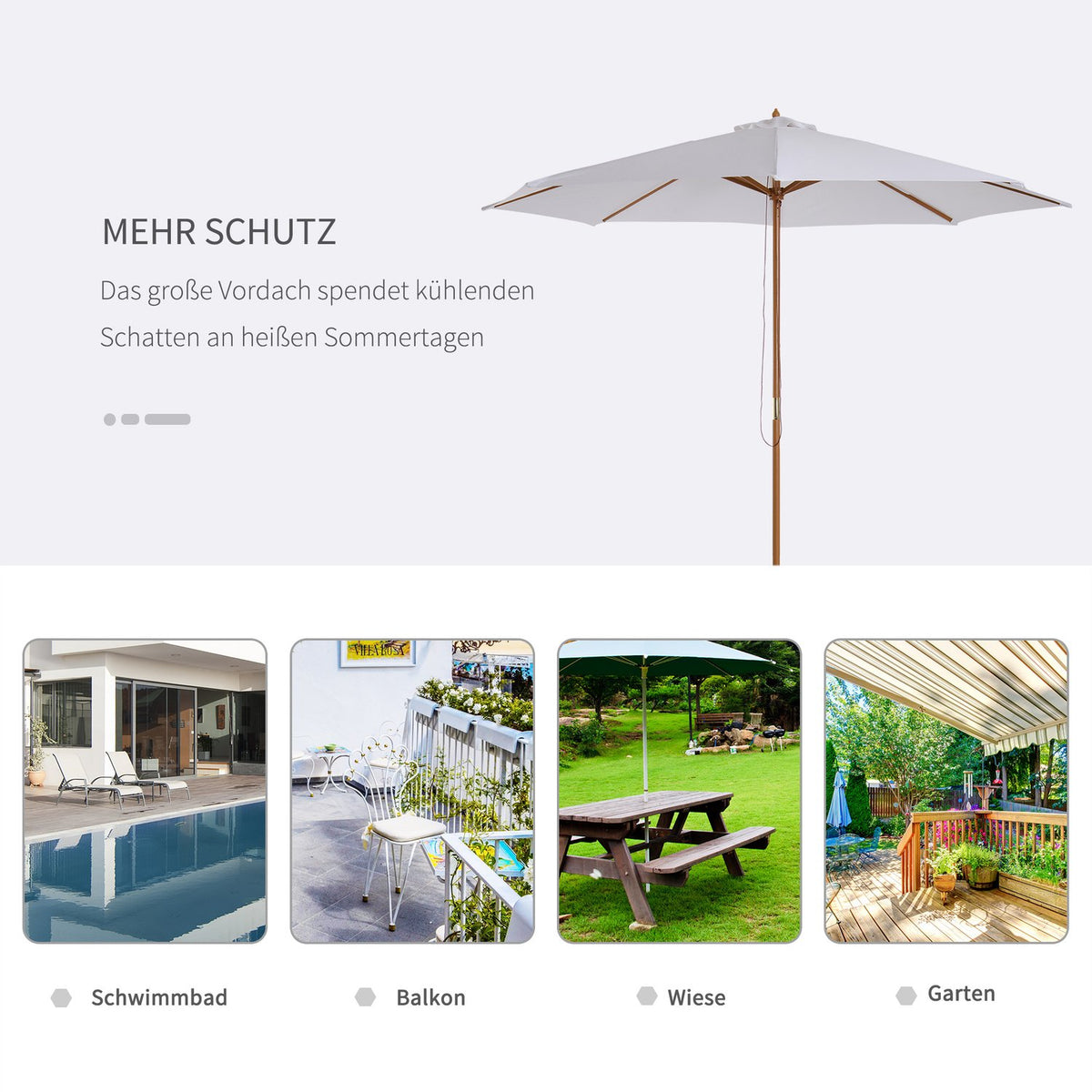 Parasol Wood 300 Cm Wooden Umbrella Garden Umbrella Balcony Umbrella Bamboo Cream White