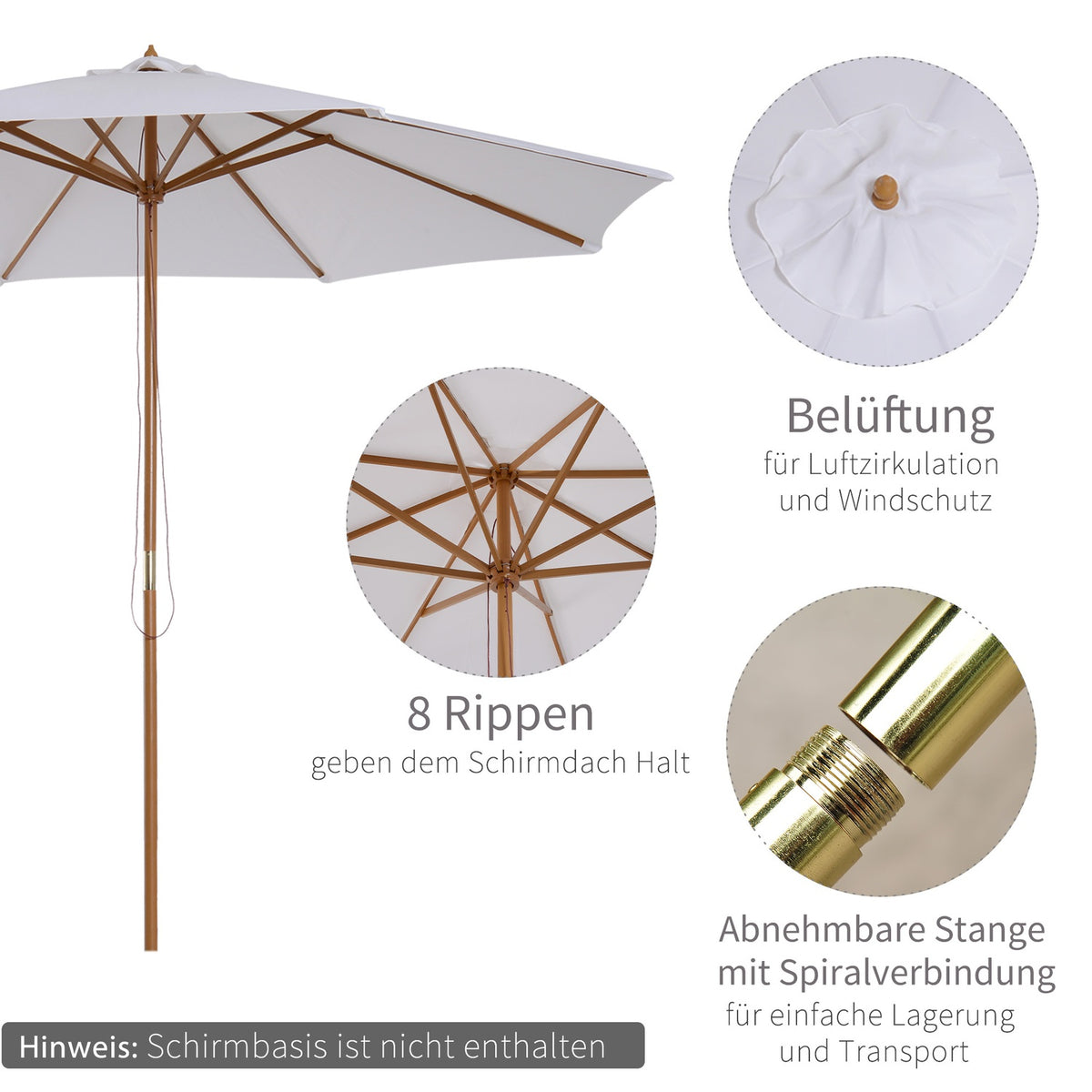 Parasol Wood 300 Cm Wooden Umbrella Garden Umbrella Balcony Umbrella Bamboo Cream White