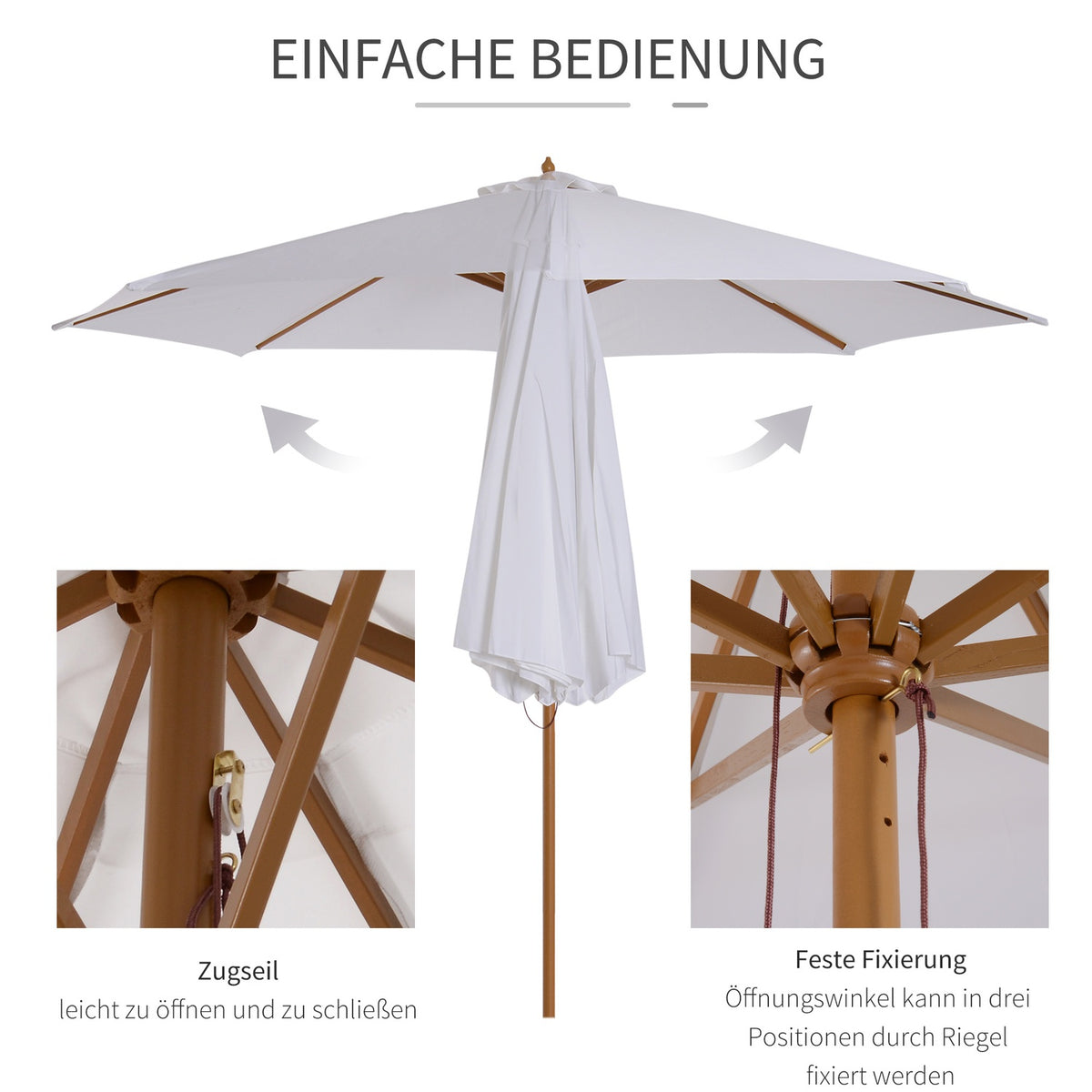 Parasol Wood 300 Cm Wooden Umbrella Garden Umbrella Balcony Umbrella Bamboo Cream White
