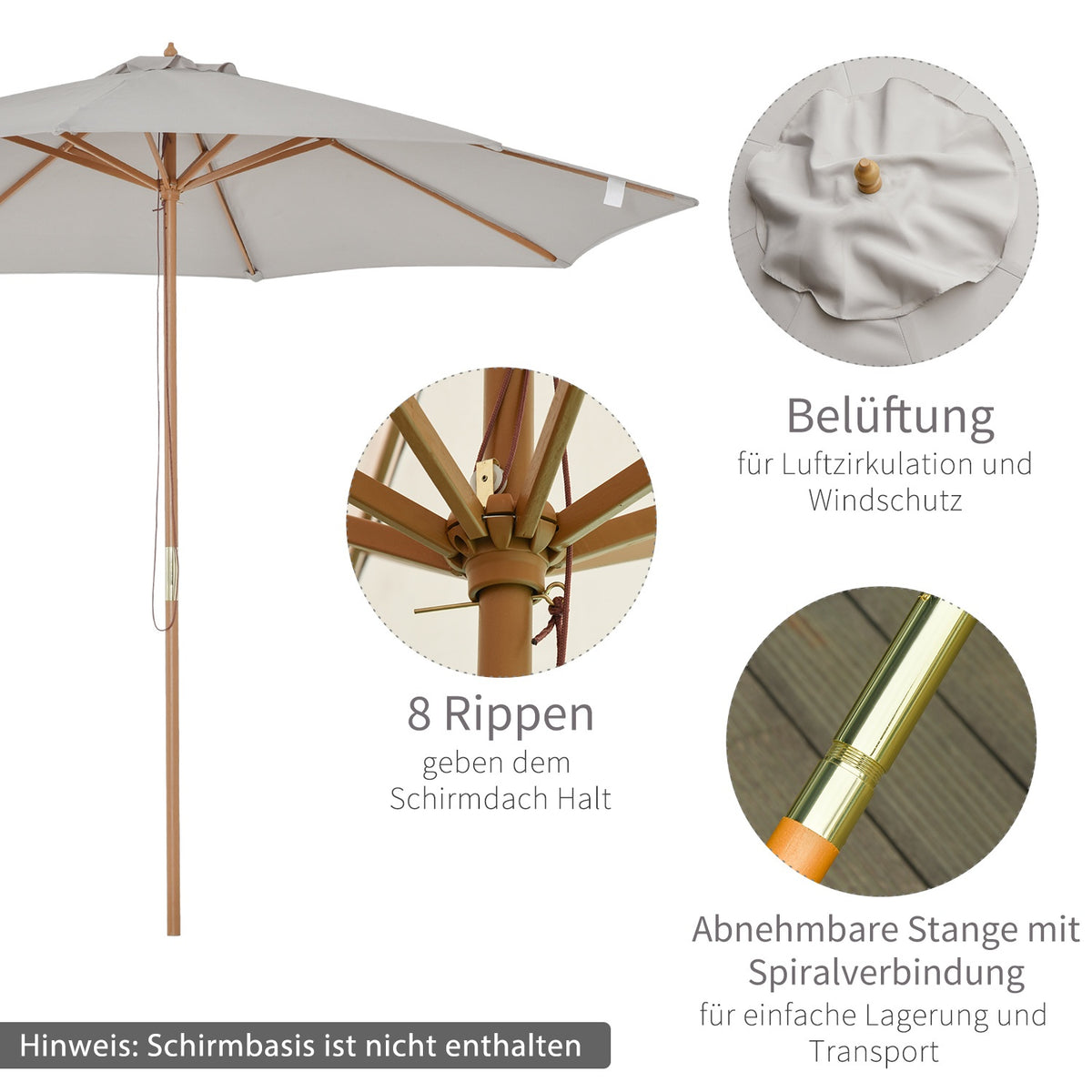 Parasol Wood 300 Cm Wooden Umbrella Garden Umbrella Balcony Umbrella Bamboo Gray